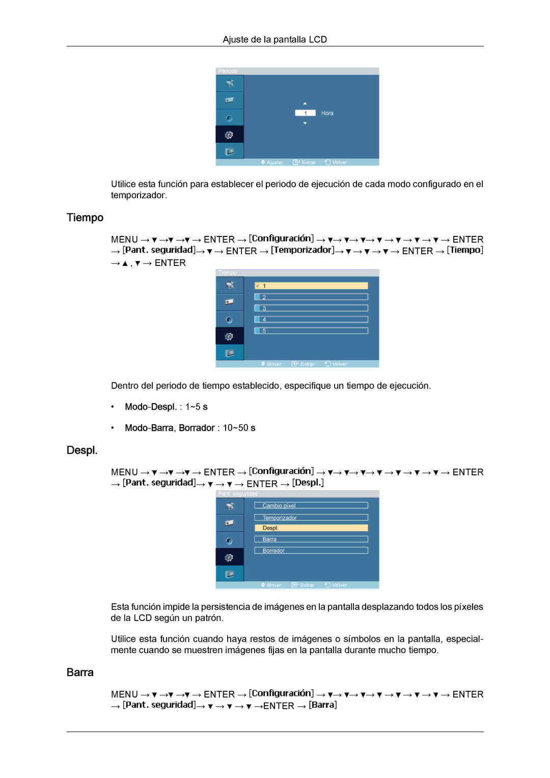 Samsung LH46MVQLBB/EN, LH46MVTLBN/EN, LH46MVULBB/EN, LH46MVPLBB/EN manual Modo-Despl ~5 s Modo-Barra,Borrador 10~50 s 