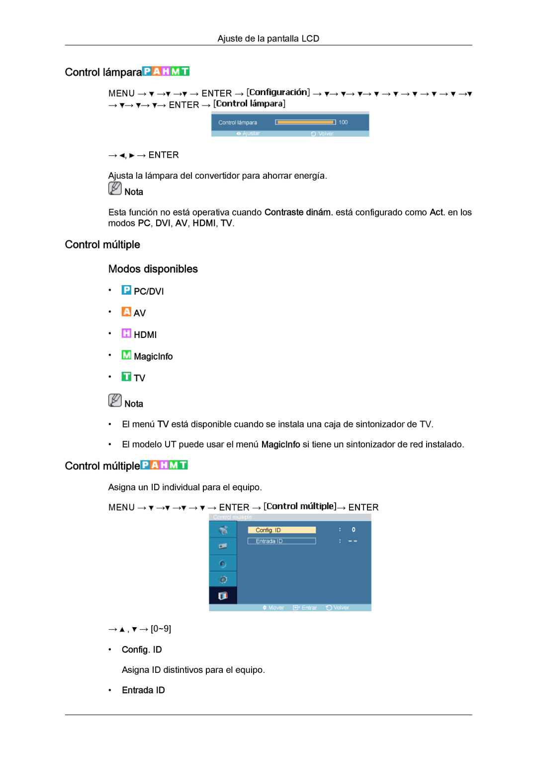 Samsung LH46MVTLBN/EN, LH46MVQLBB/EN manual Control lámpara, Control múltiple Modos disponibles, Config. ID, Entrada ID 