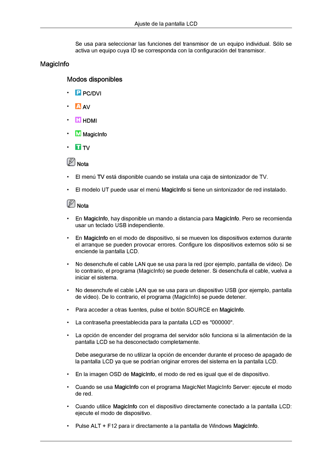 Samsung LH46MVQLBB/EN, LH46MVTLBN/EN, LH46MVULBB/EN, LH46MVPLBB/EN, LH46MVTLBB/EN manual MagicInfo Modos disponibles 