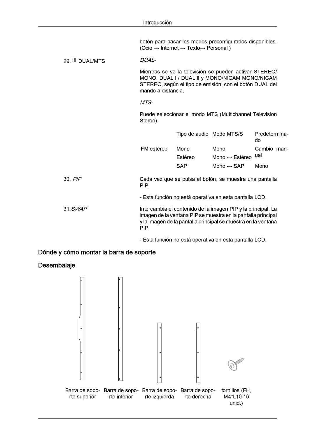 Samsung LH46MVQLBB/EN, LH46MVTLBN/EN manual Dónde y cómo montar la barra de soporte Desembalaje, Dual, Mts, Sap, Pip 