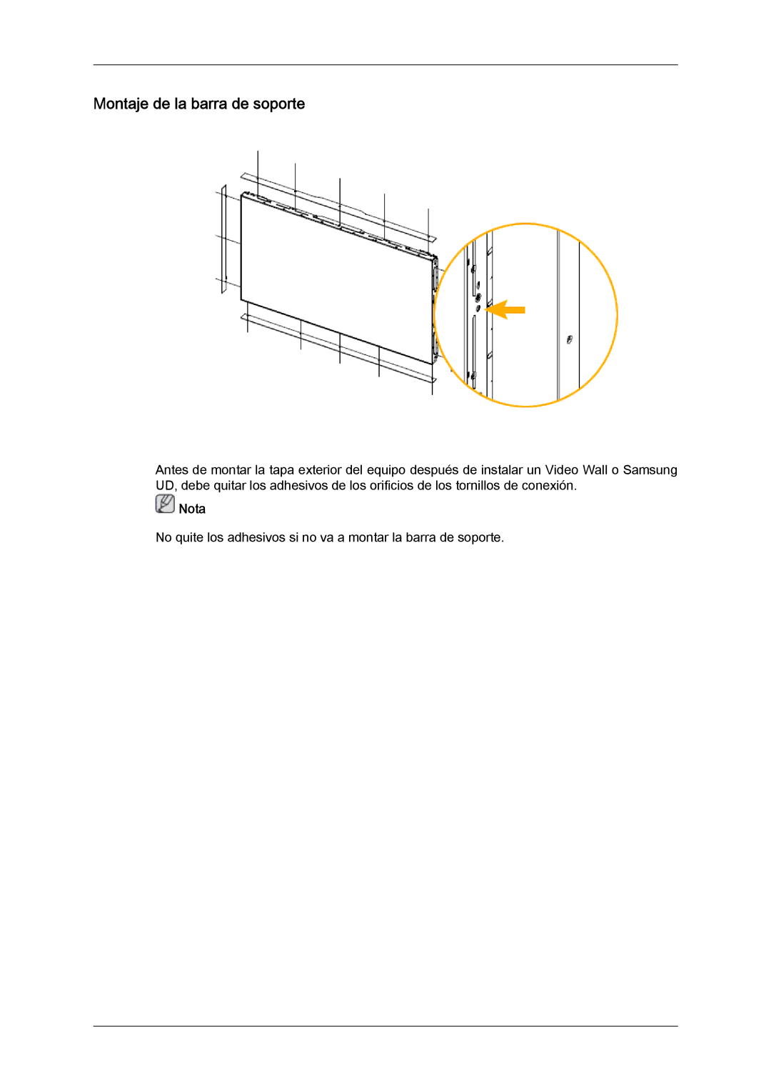 Samsung LH46MVULBB/EN, LH46MVTLBN/EN, LH46MVQLBB/EN, LH46MVPLBB/EN, LH46MVTLBB/EN manual Montaje de la barra de soporte, Nota 