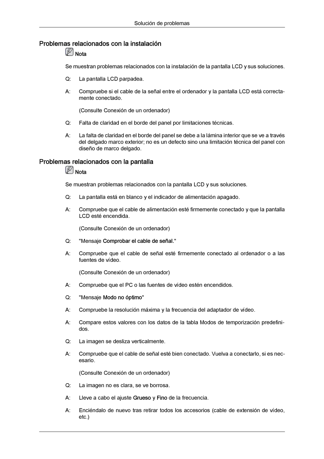 Samsung LH46MVULBB/EN, LH46MVTLBN/EN Problemas relacionados con la instalación, Problemas relacionados con la pantalla 