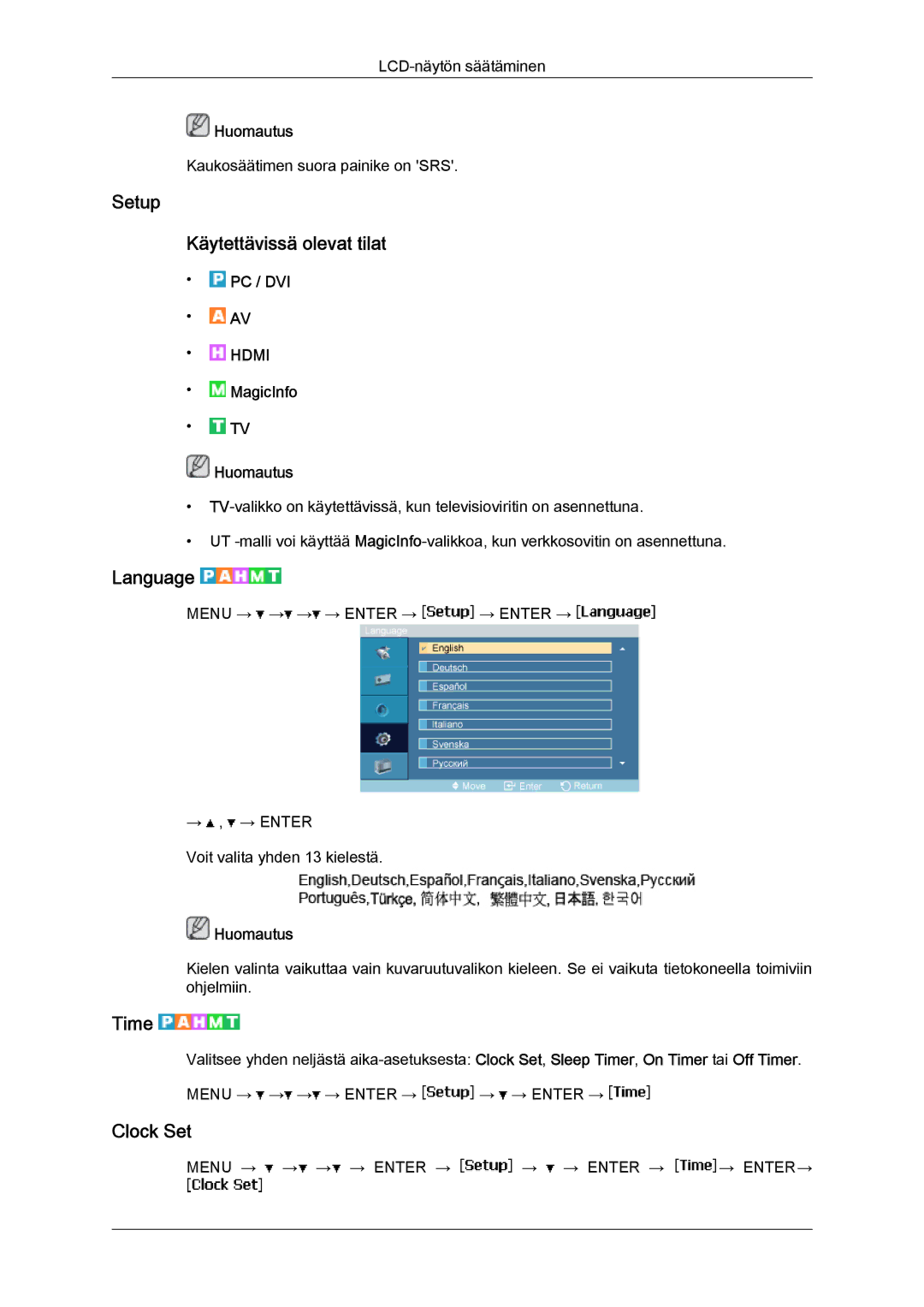 Samsung LH46MVTLBN/EN, LH46MVQLBB/EN, LH46MVULBB/EN manual Setup Käytettävissä olevat tilat, Language, Time, Clock Set 