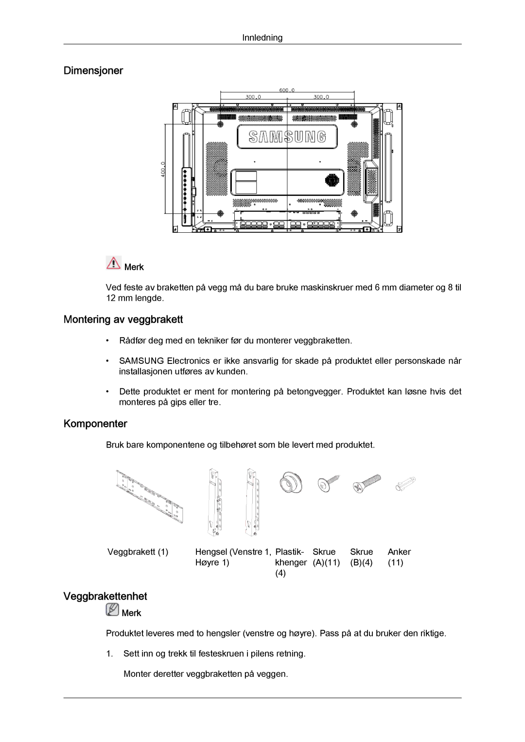 Samsung LH46MVULBB/EN, LH46MVTLBN/EN, LH46MVQLBB/EN Dimensjoner, Montering av veggbrakett, Komponenter, Veggbrakettenhet 