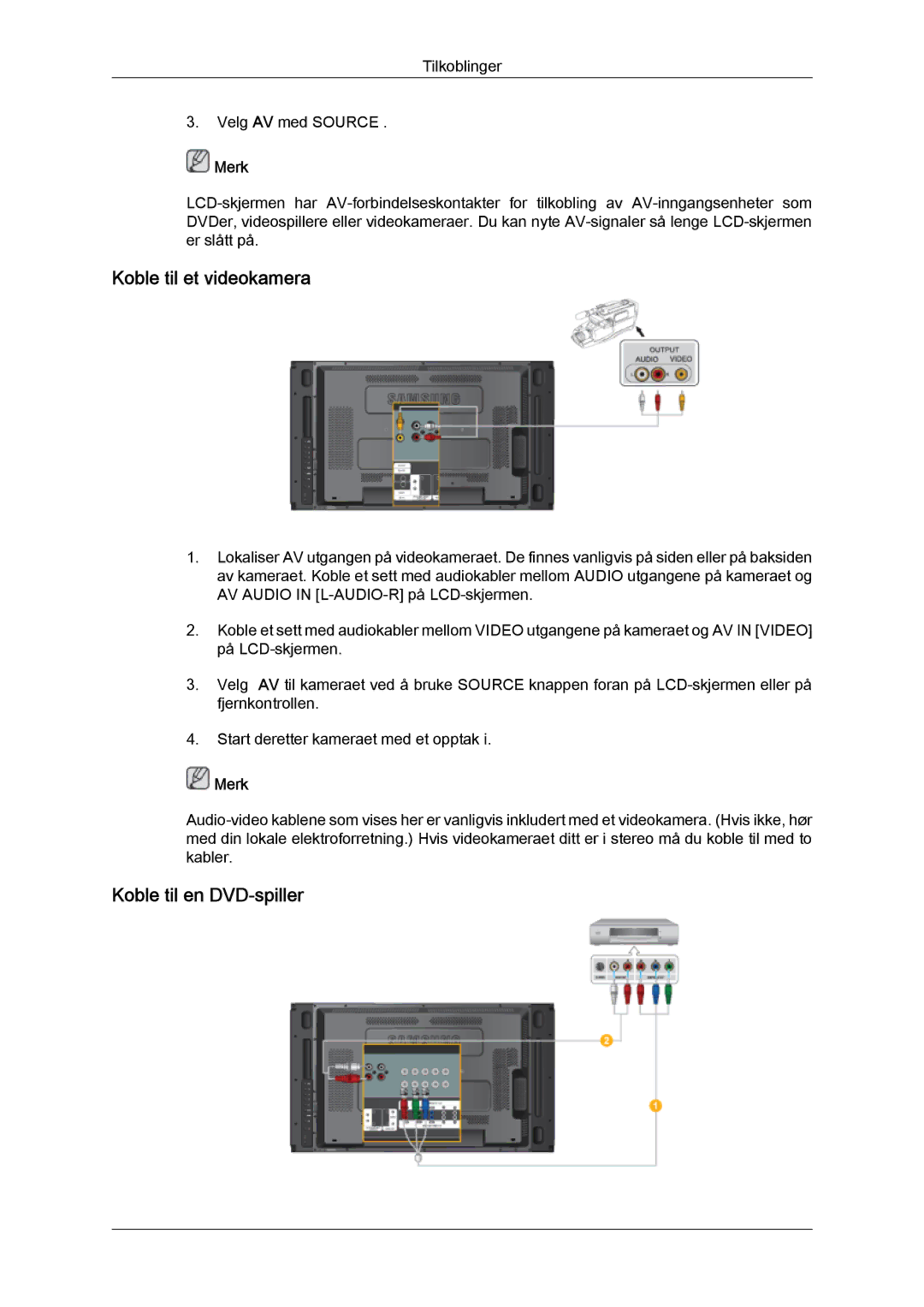 Samsung LH46MVTLBB/EN, LH46MVTLBN/EN, LH46MVQLBB/EN, LH46MVULBB/EN manual Koble til et videokamera, Koble til en DVD-spiller 