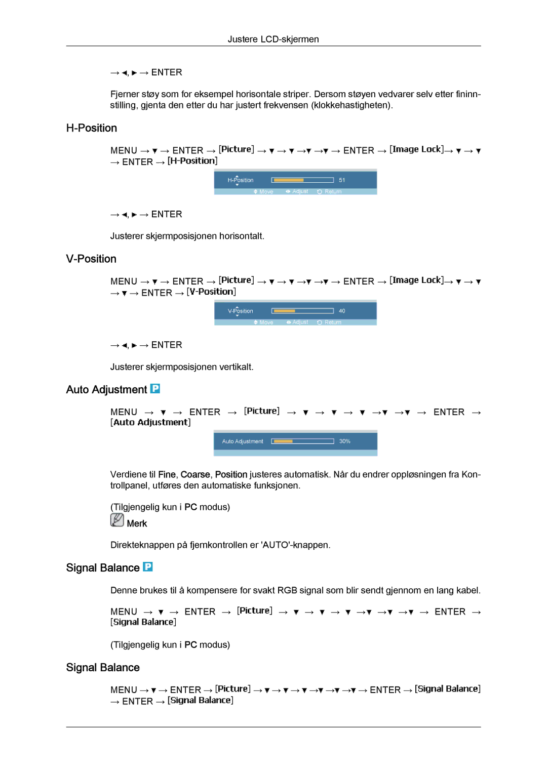 Samsung LH46MVTLBN/EN, LH46MVQLBB/EN, LH46MVULBB/EN, LH46MVPLBB/EN, LH46MVTLBB/EN Position, Auto Adjustment, Signal Balance 