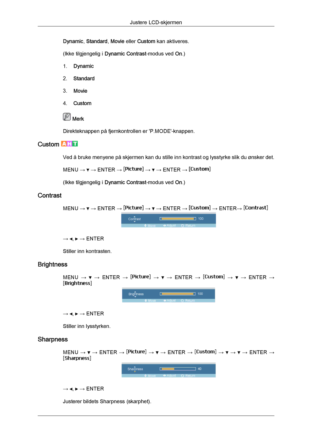 Samsung LH46MVTLBB/EN, LH46MVTLBN/EN, LH46MVQLBB/EN, LH46MVULBB/EN, LH46MVPLBB/EN manual Dynamic Standard Movie Custom Merk 