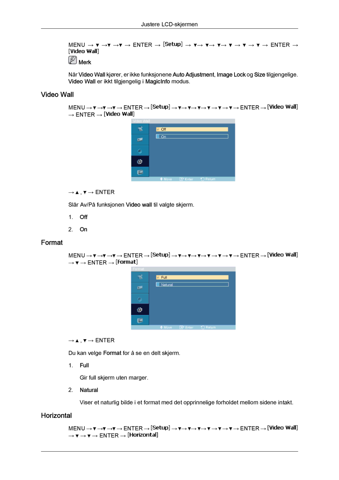 Samsung LH46MVTLBN/EN, LH46MVQLBB/EN, LH46MVULBB/EN, LH46MVPLBB/EN, LH46MVTLBB/EN manual Format, Horizontal, Full, Natural 