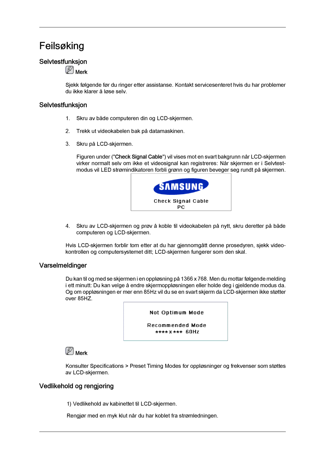 Samsung LH46MVULBB/EN, LH46MVTLBN/EN, LH46MVQLBB/EN manual Selvtestfunksjon, Varselmeldinger, Vedlikehold og rengjøring 