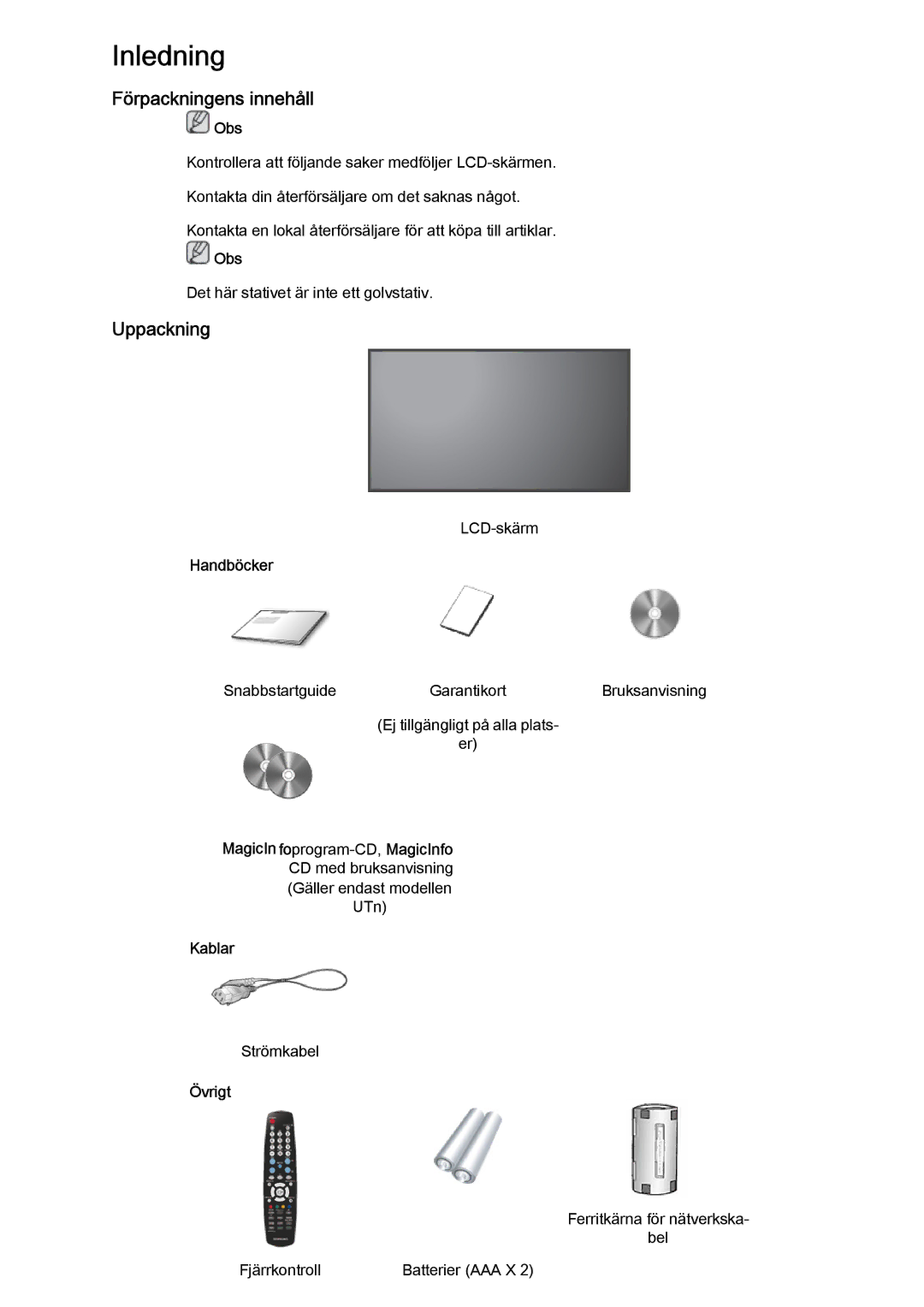 Samsung LH46MVTLBN/EN, LH46MVQLBB/EN, LH46MVULBB/EN manual Förpackningens innehåll, Uppackning, Handböcker, Kablar, Övrigt 