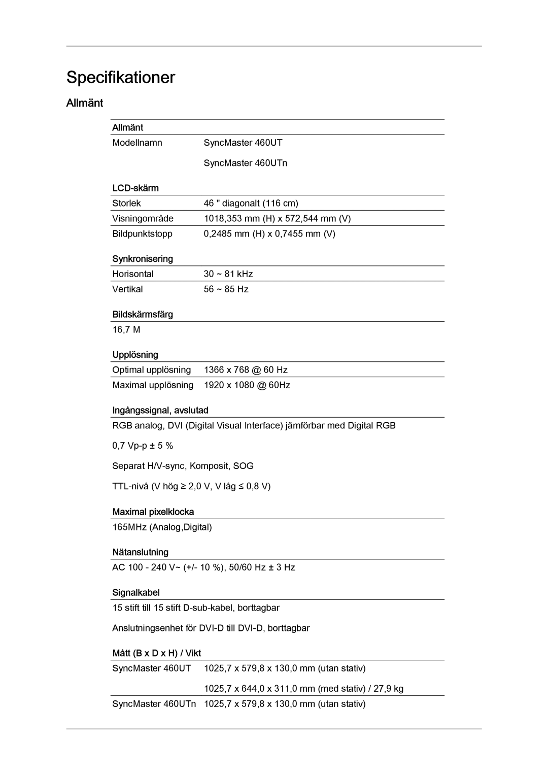 Samsung LH46MVPLBB/EN, LH46MVTLBN/EN, LH46MVQLBB/EN, LH46MVULBB/EN, LH46MVTLBB/EN manual Allmänt 