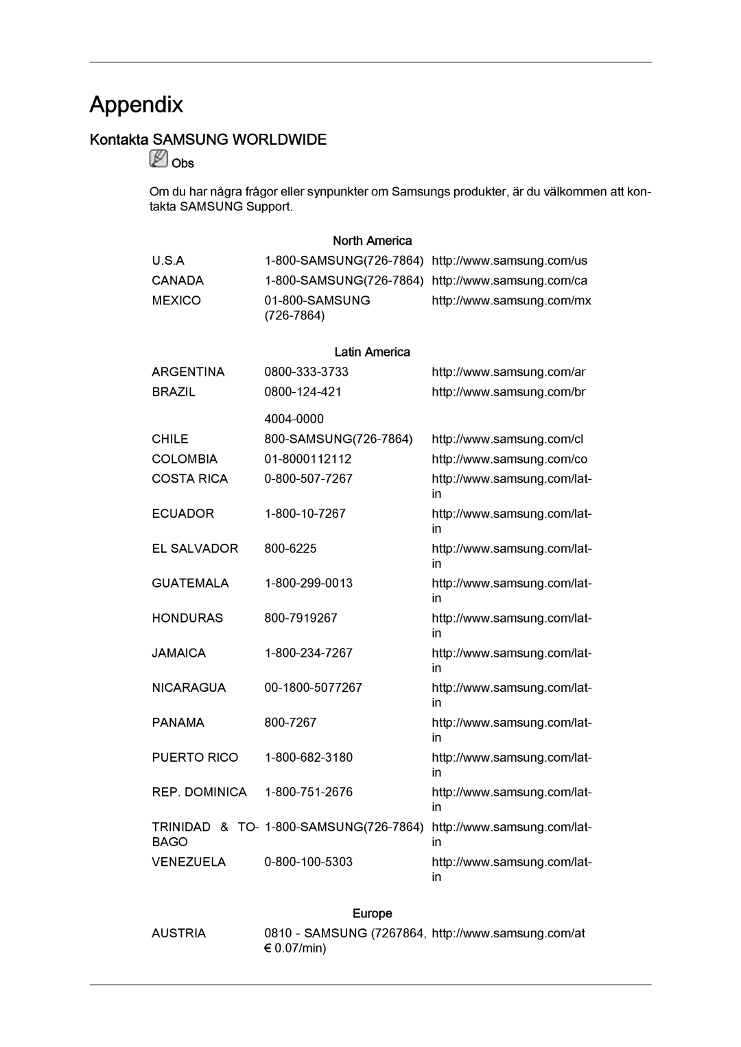 Samsung LH46MVULBB/EN, LH46MVTLBN/EN, LH46MVQLBB/EN manual Kontakta Samsung Worldwide, North America, Latin America, Europe 