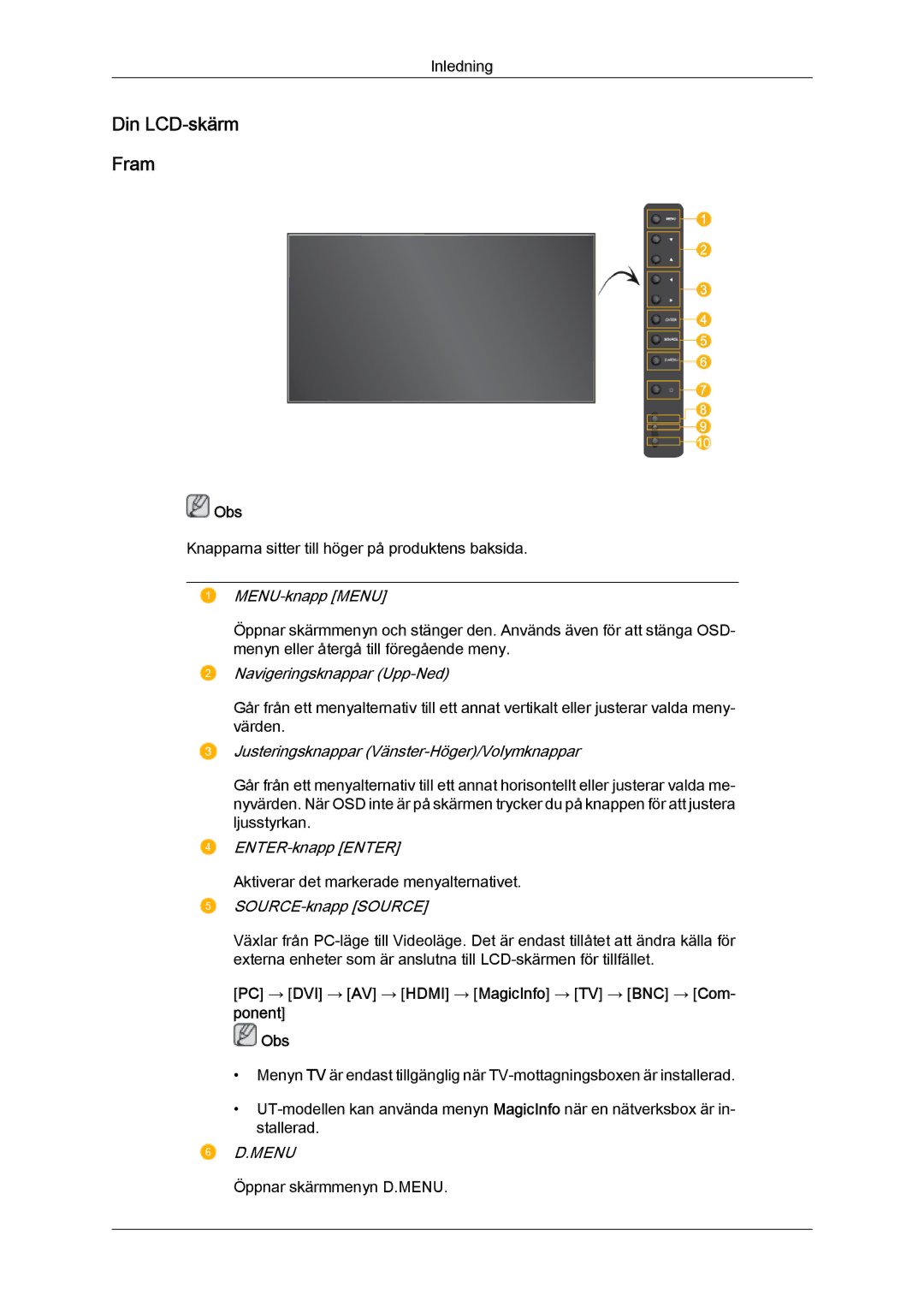 Samsung LH46MVULBB/EN, LH46MVTLBN/EN, LH46MVQLBB/EN, LH46MVPLBB/EN, LH46MVTLBB/EN manual Din LCD-skärm Fram, Ponent Obs 