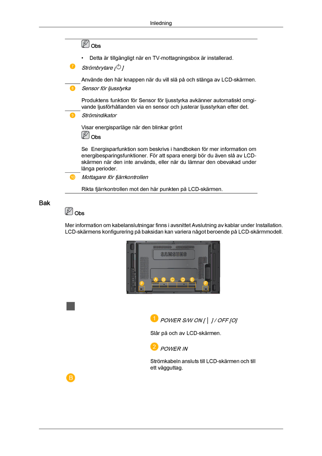 Samsung LH46MVPLBB/EN, LH46MVTLBN/EN, LH46MVQLBB/EN, LH46MVULBB/EN, LH46MVTLBB/EN manual Bak, Sensor för ljusstyrka 