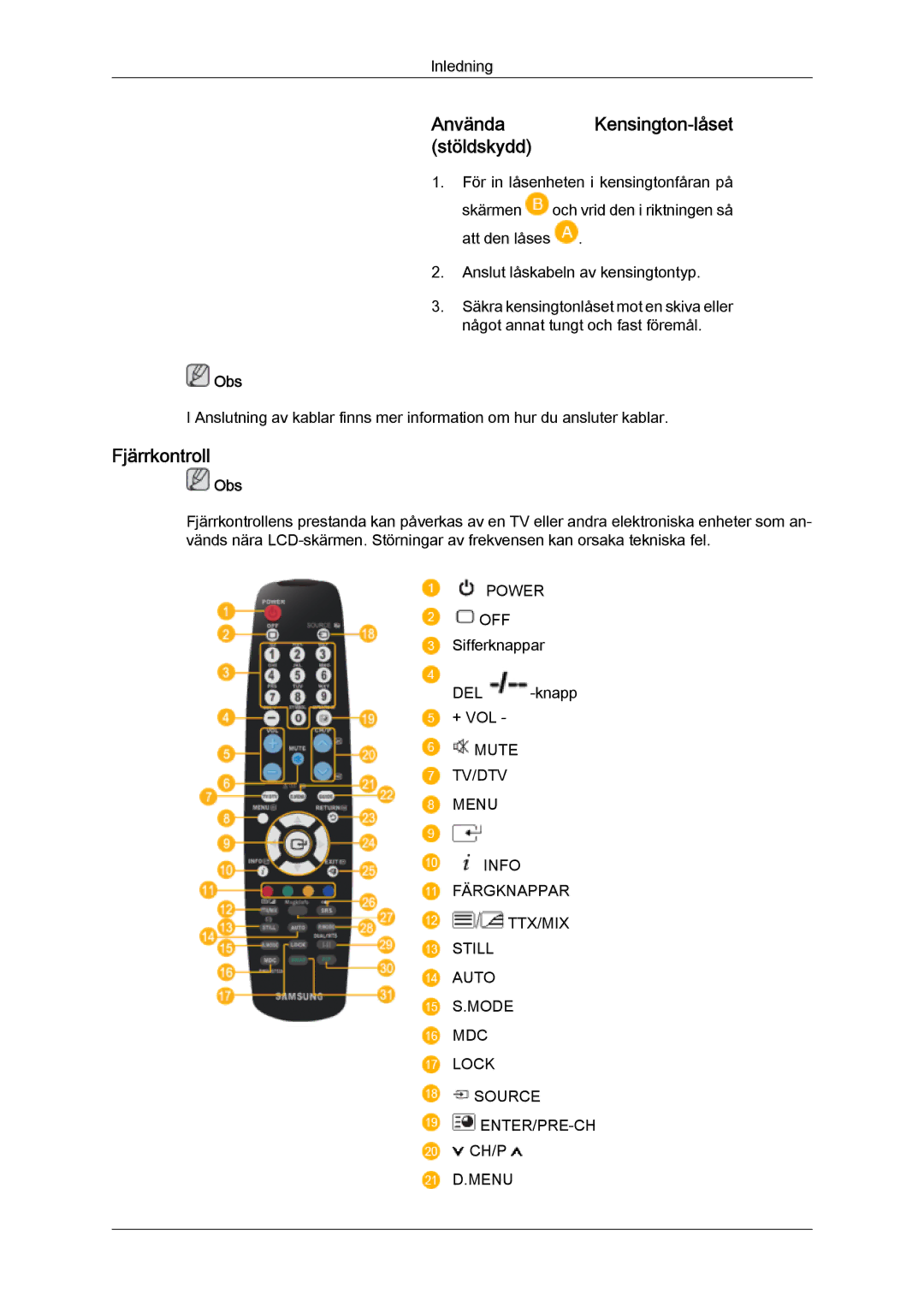 Samsung LH46MVQLBB/EN, LH46MVTLBN/EN, LH46MVULBB/EN, LH46MVPLBB/EN manual Använda Kensington-låset stöldskydd, Fjärrkontroll 