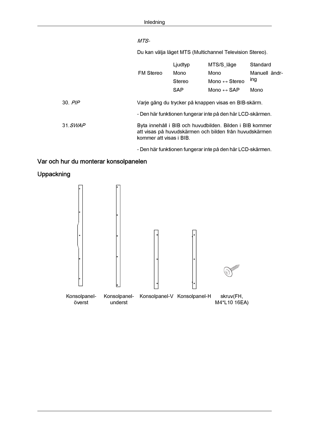 Samsung LH46MVTLBB/EN, LH46MVTLBN/EN, LH46MVQLBB/EN, LH46MVULBB/EN Var och hur du monterar konsolpanelen Uppackning, Mts 