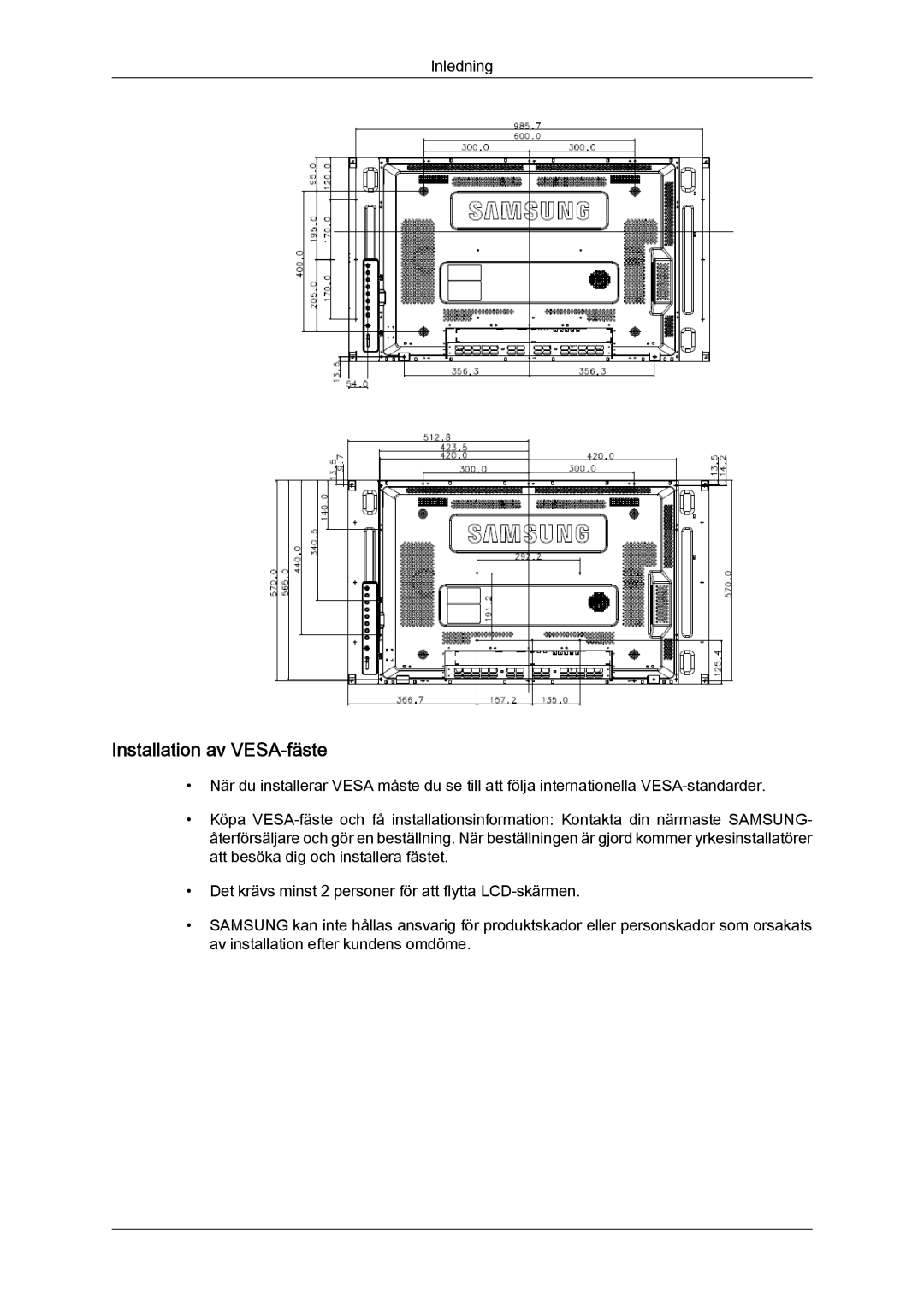 Samsung LH46MVQLBB/EN, LH46MVTLBN/EN, LH46MVULBB/EN, LH46MVPLBB/EN, LH46MVTLBB/EN manual Installation av VESA-fäste 