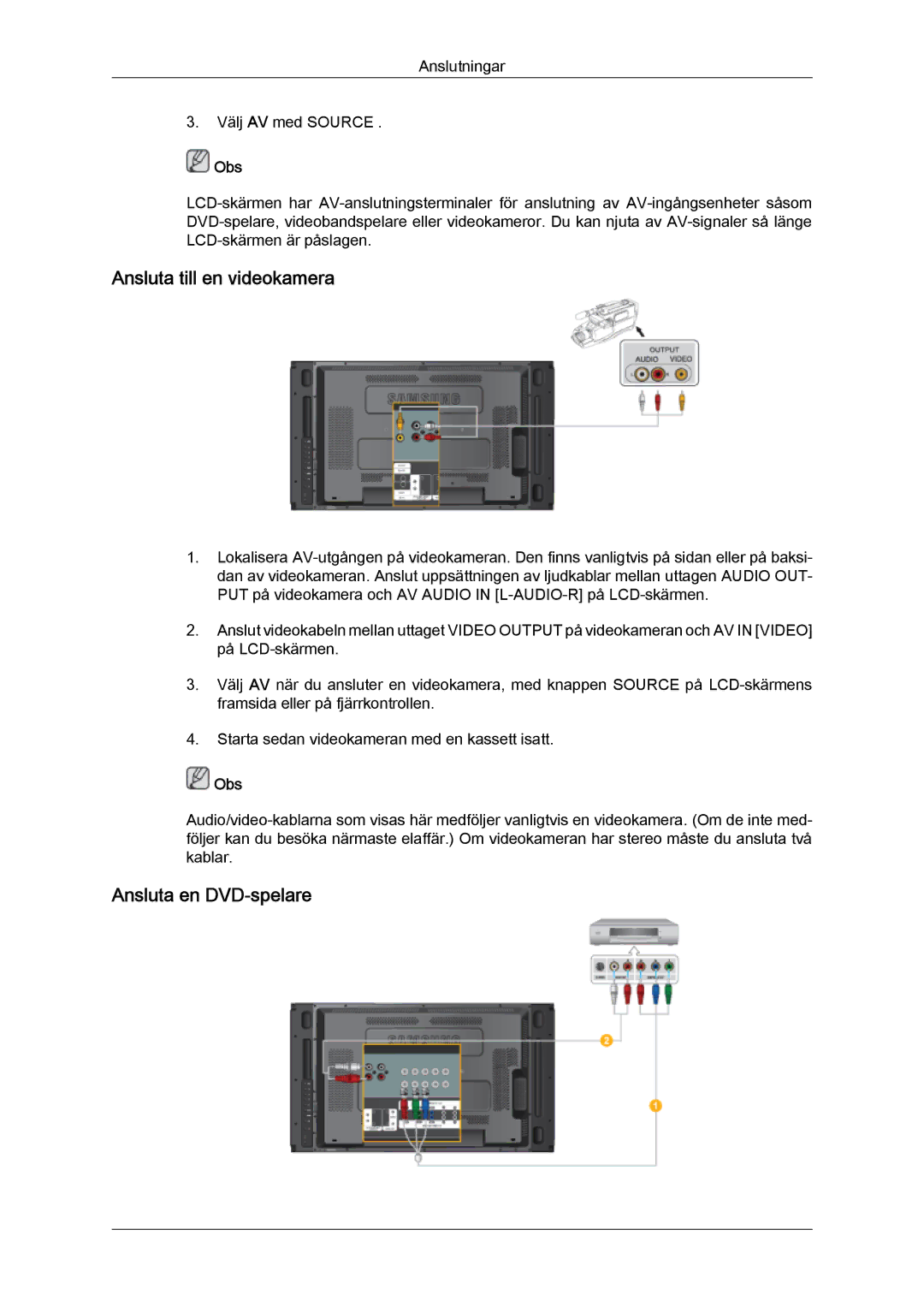 Samsung LH46MVTLBB/EN, LH46MVTLBN/EN, LH46MVQLBB/EN, LH46MVULBB/EN manual Ansluta till en videokamera, Ansluta en DVD-spelare 