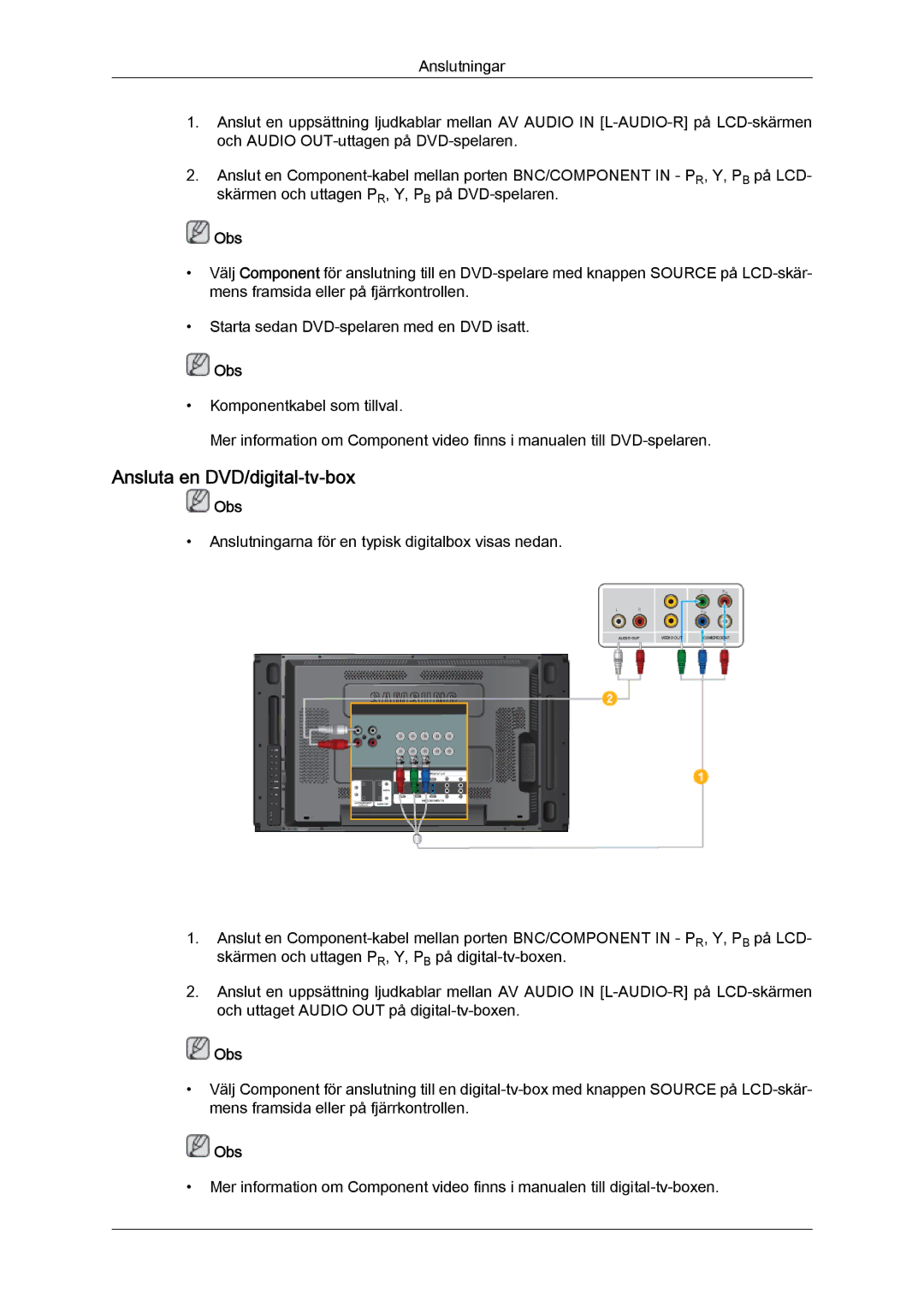 Samsung LH46MVTLBN/EN, LH46MVQLBB/EN, LH46MVULBB/EN, LH46MVPLBB/EN, LH46MVTLBB/EN manual Ansluta en DVD/digital-tv-box 