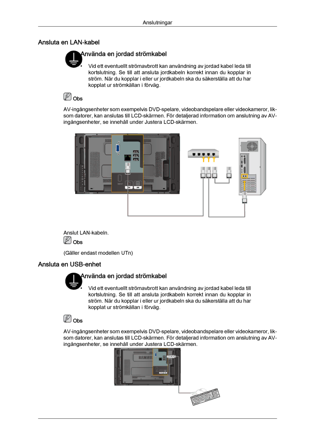 Samsung LH46MVULBB/EN Ansluta en LAN-kabel Använda en jordad strömkabel, Ansluta en USB-enhet Använda en jordad strömkabel 