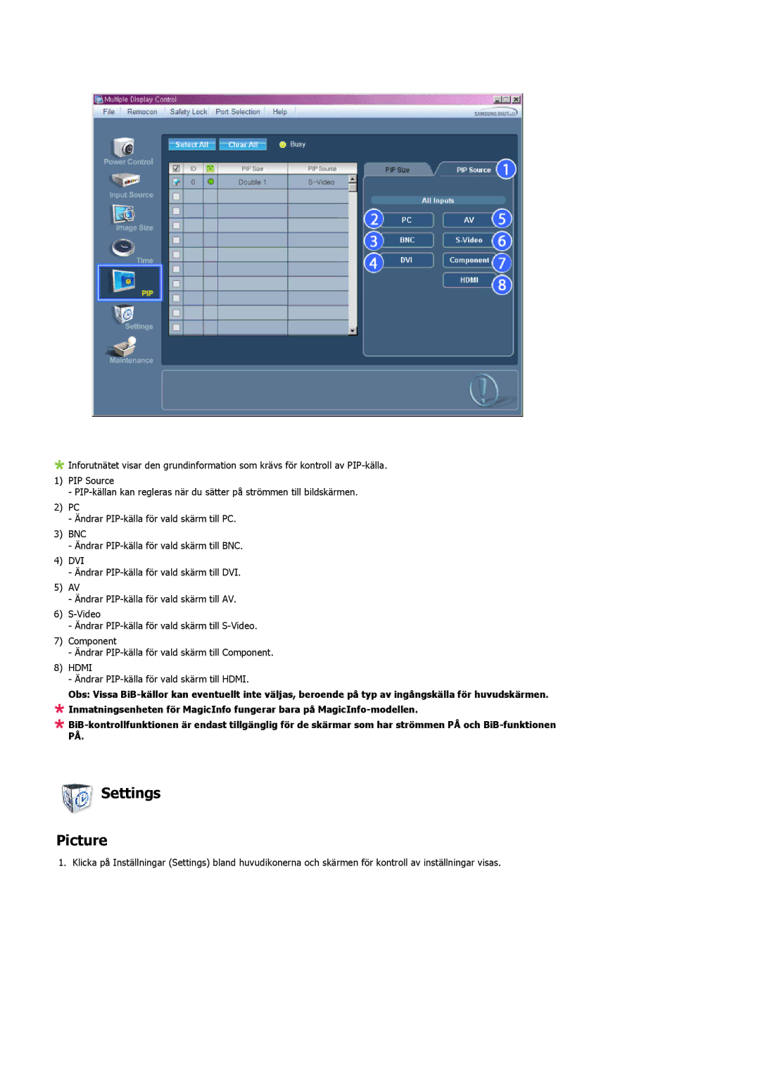 Samsung LH46MVTLBN/EN, LH46MVQLBB/EN, LH46MVULBB/EN, LH46MVPLBB/EN, LH46MVTLBB/EN manual Settings Picture 