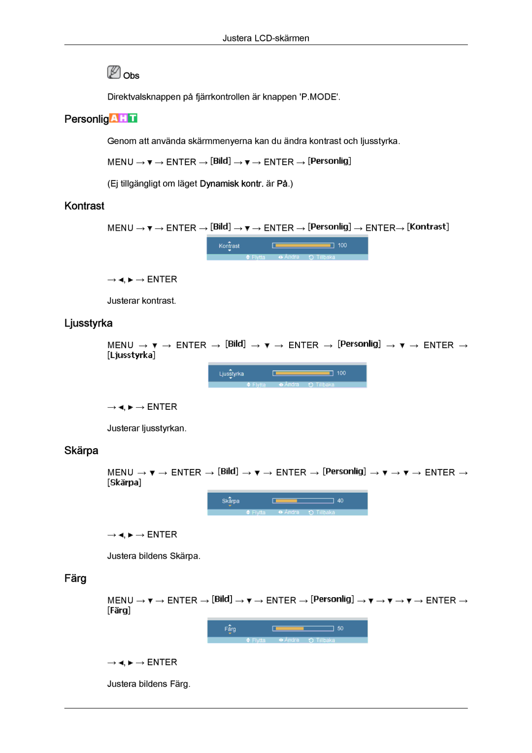 Samsung LH46MVTLBB/EN, LH46MVTLBN/EN, LH46MVQLBB/EN, LH46MVULBB/EN, LH46MVPLBB/EN manual Personlig, Färg 