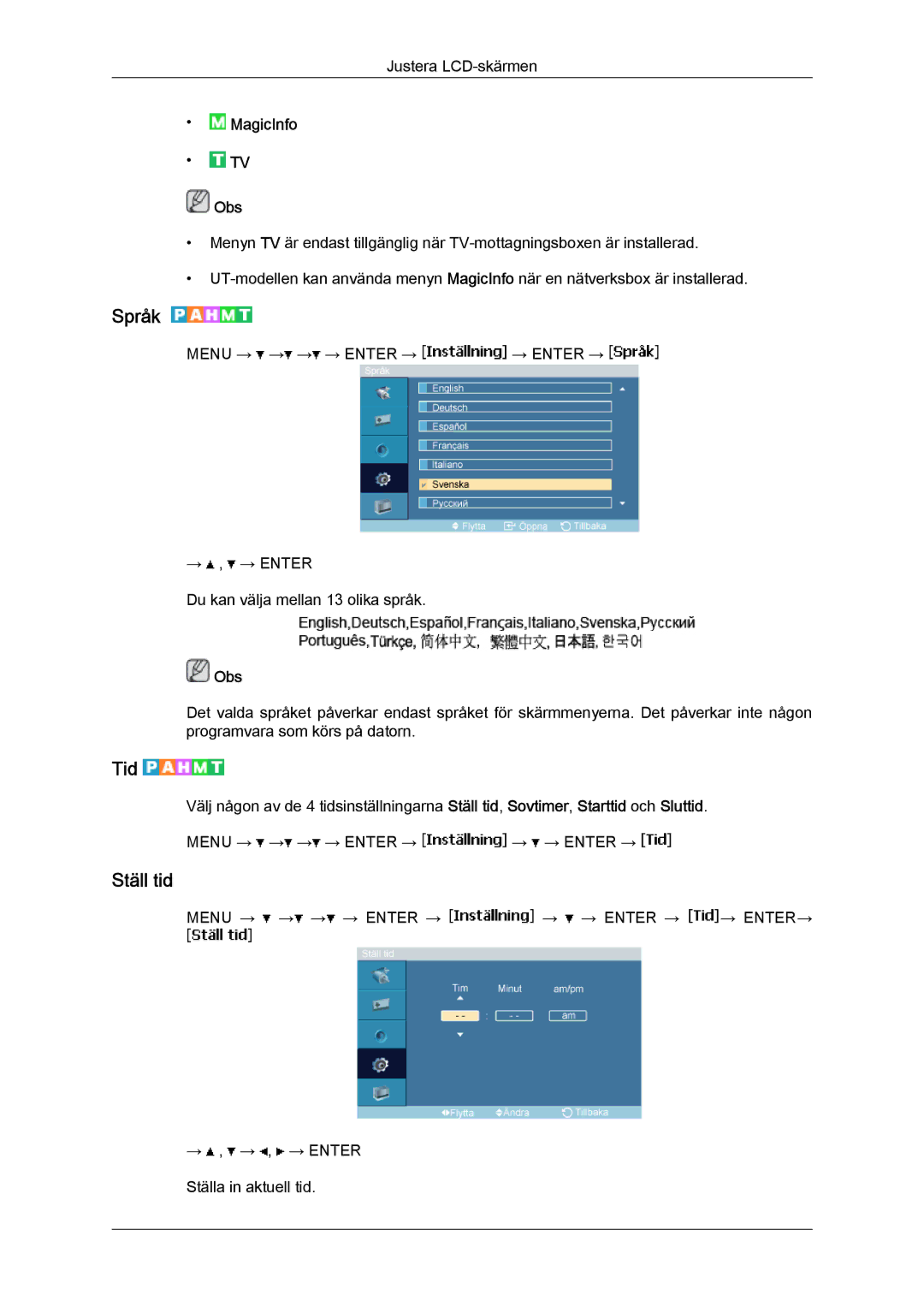 Samsung LH46MVQLBB/EN, LH46MVTLBN/EN, LH46MVULBB/EN, LH46MVPLBB/EN, LH46MVTLBB/EN manual Språk, Tid, Ställ tid 