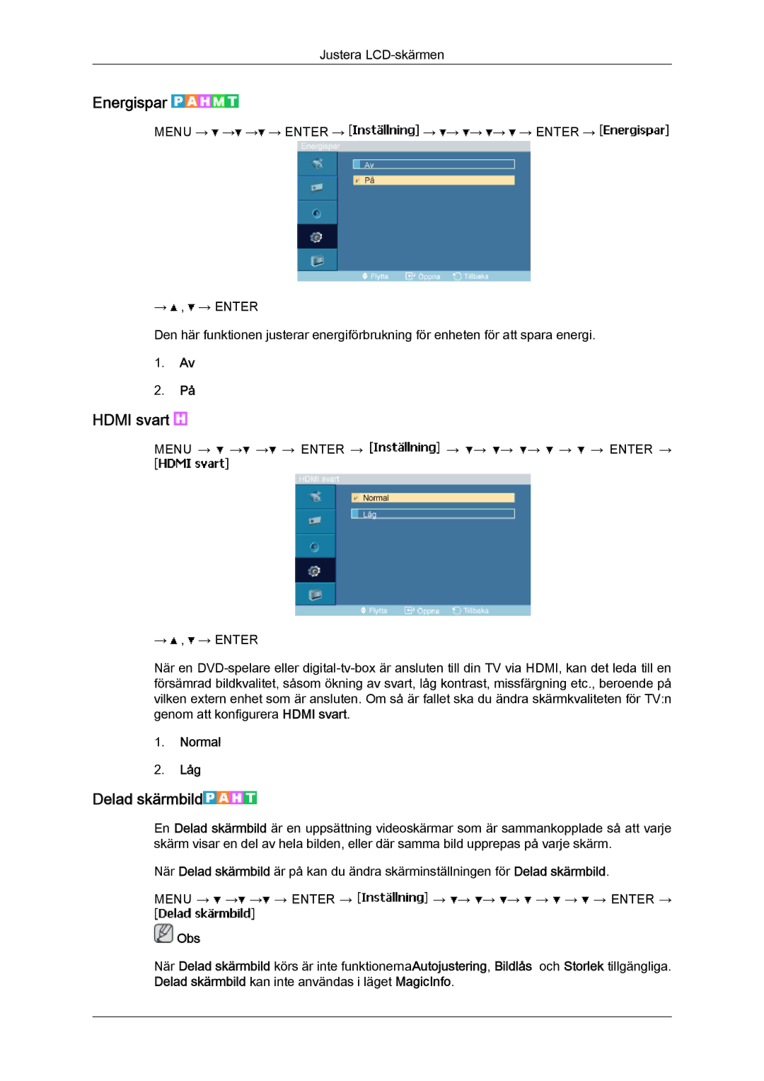 Samsung LH46MVTLBB/EN, LH46MVTLBN/EN, LH46MVQLBB/EN, LH46MVULBB/EN manual Energispar, Hdmi svart, Delad skärmbild, Normal Låg 