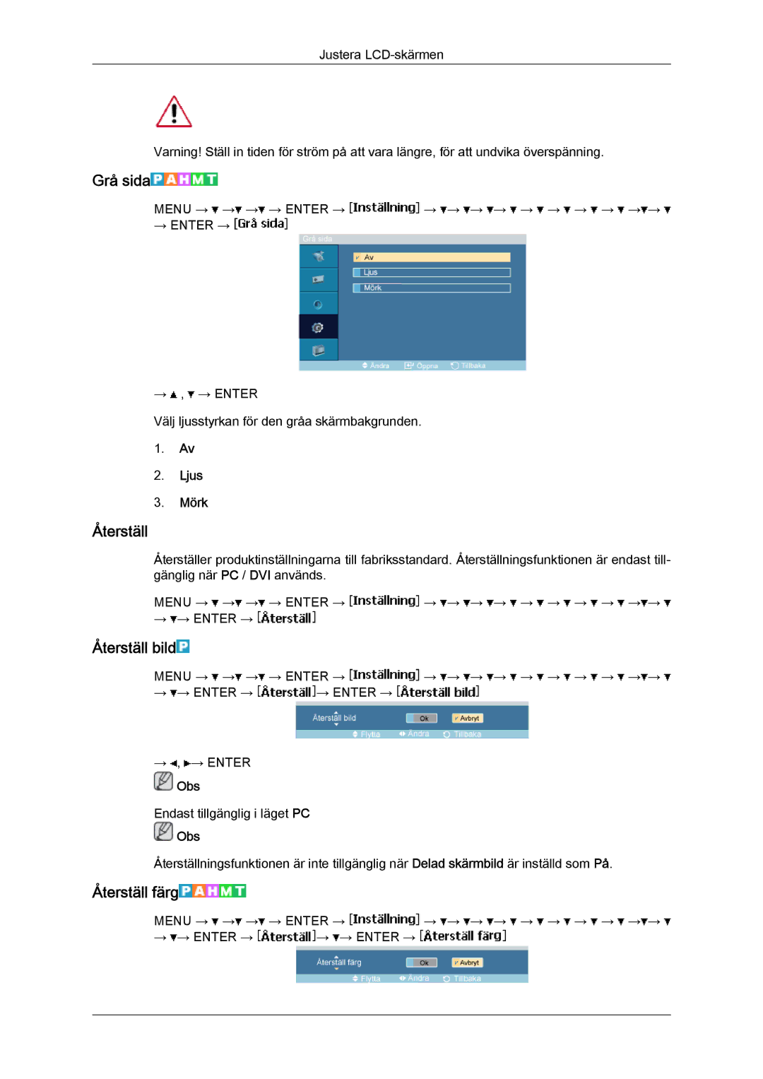 Samsung LH46MVULBB/EN, LH46MVTLBN/EN, LH46MVQLBB/EN, LH46MVPLBB/EN Grå sida, Återställ bild, Återställ färg, Ljus Mörk 