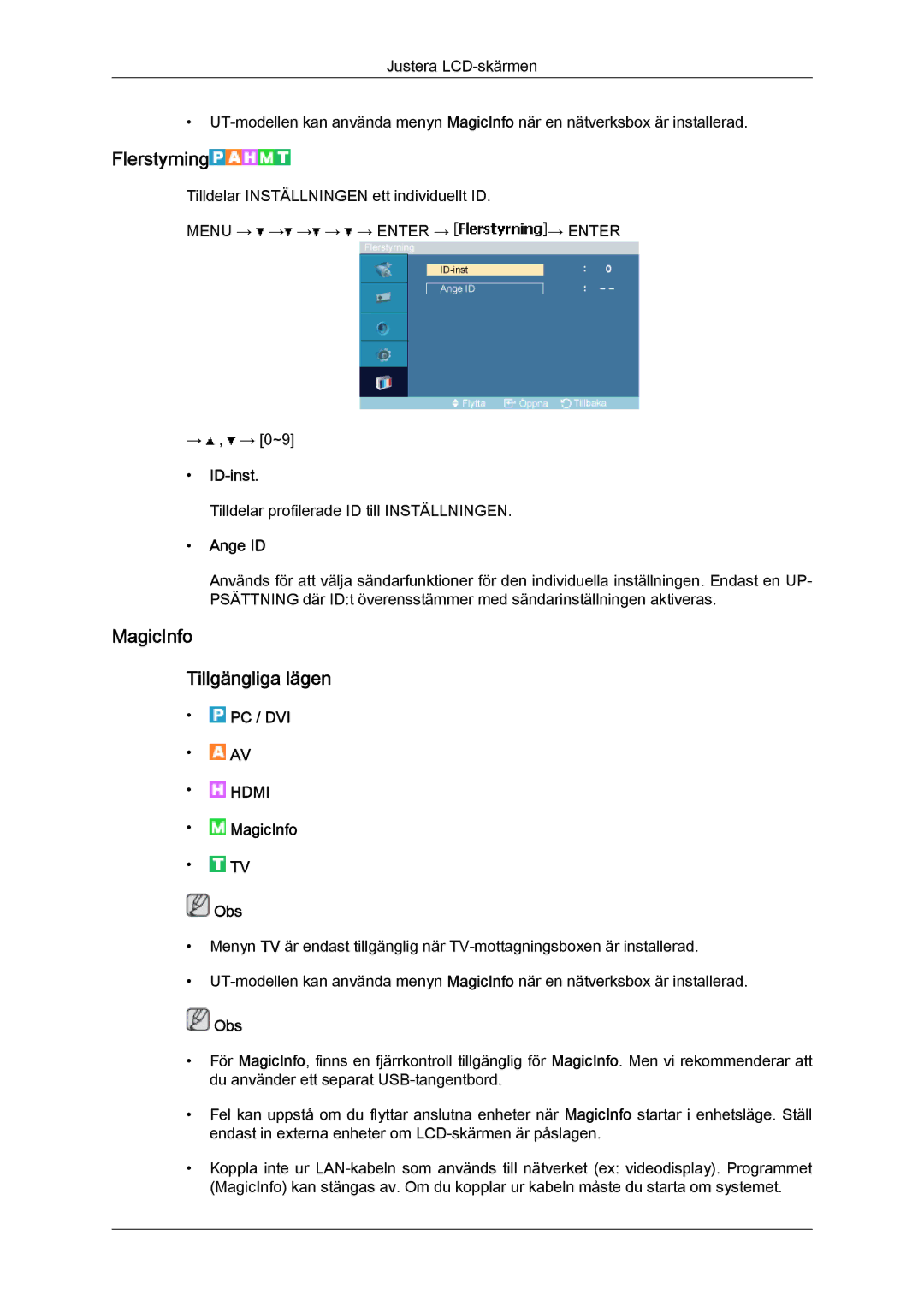 Samsung LH46MVTLBB/EN, LH46MVTLBN/EN, LH46MVQLBB/EN manual Flerstyrning, MagicInfo Tillgängliga lägen, ID-inst, Ange ID 