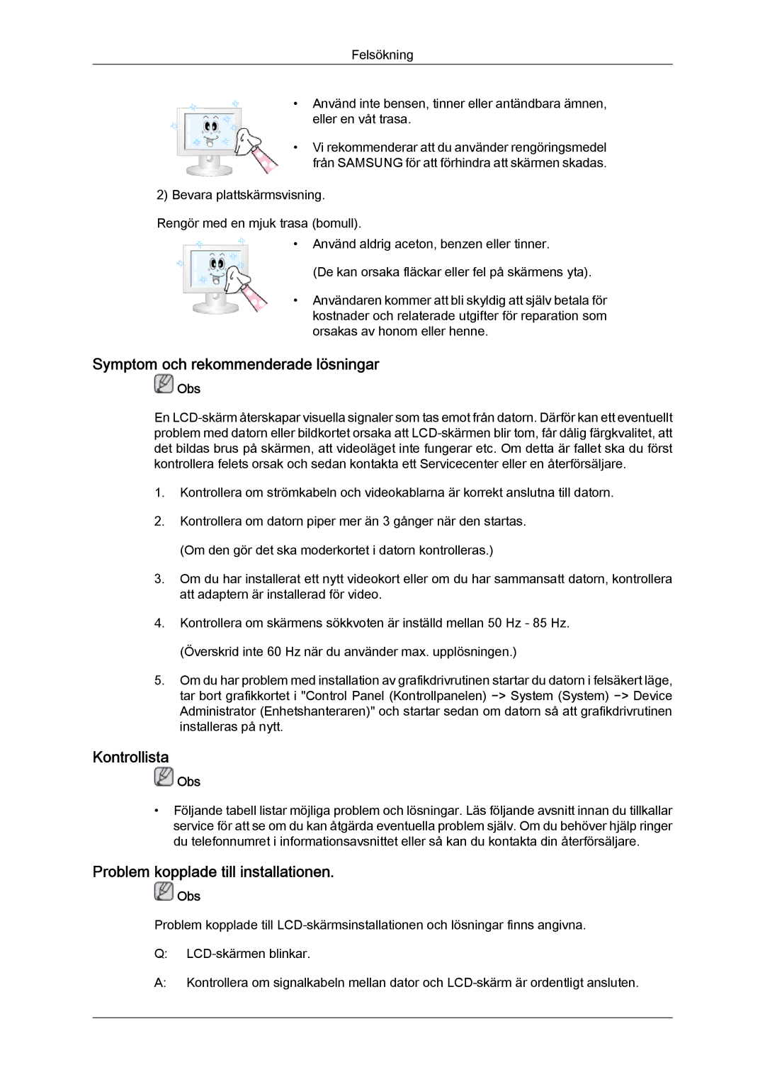 Samsung LH46MVPLBB/EN manual Symptom och rekommenderade lösningar, Kontrollista, Problem kopplade till installationen 