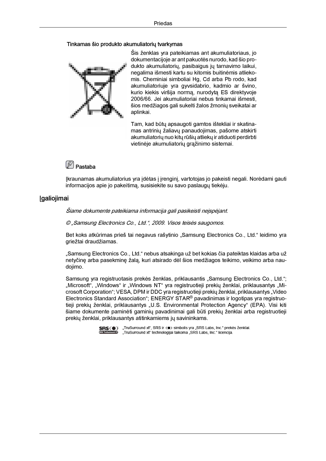 Samsung LH46MVTLBN/EN manual Įgaliojimai, Tinkamas šio produkto akumuliatorių tvarkymas 