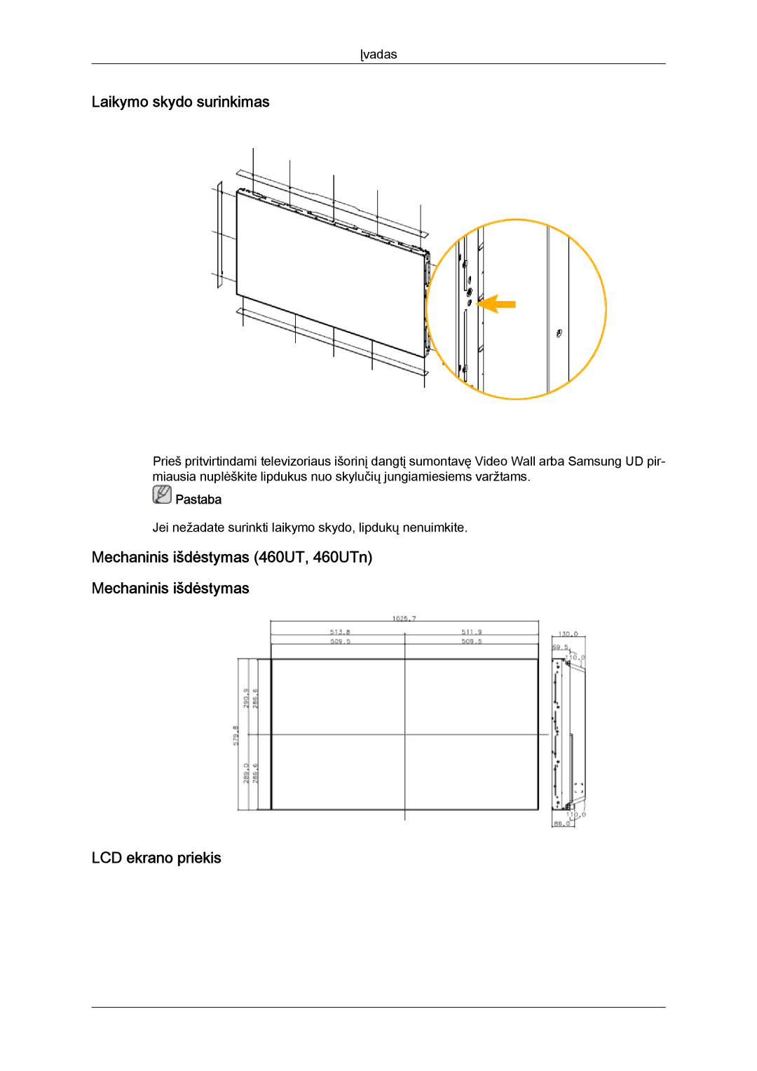 Samsung LH46MVTLBN/EN manual Laikymo skydo surinkimas, Mechaninis išdėstymas 460UT, 460UTn LCD ekrano priekis 