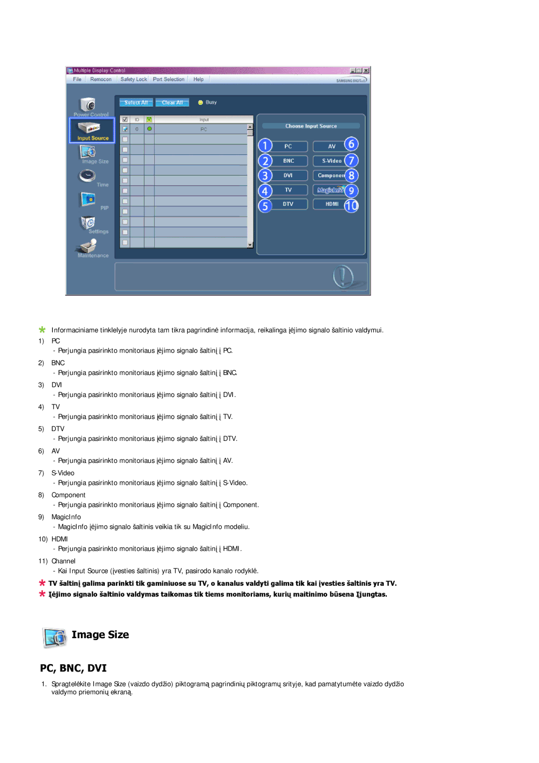 Samsung LH46MVTLBN/EN manual Image Size, Pc, Bnc, Dvi 