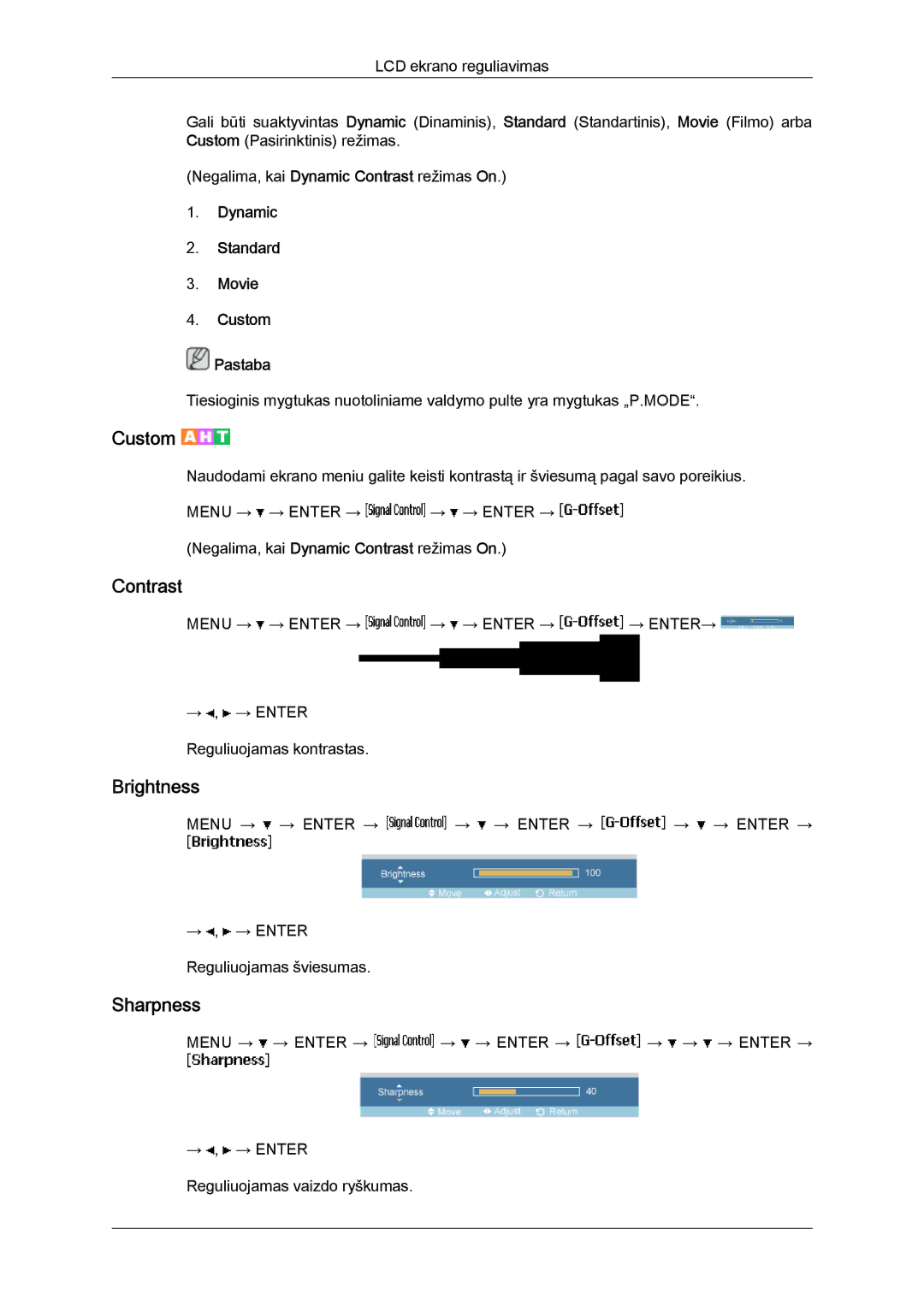 Samsung LH46MVTLBN/EN manual Dynamic Standard Movie Custom Pastaba 