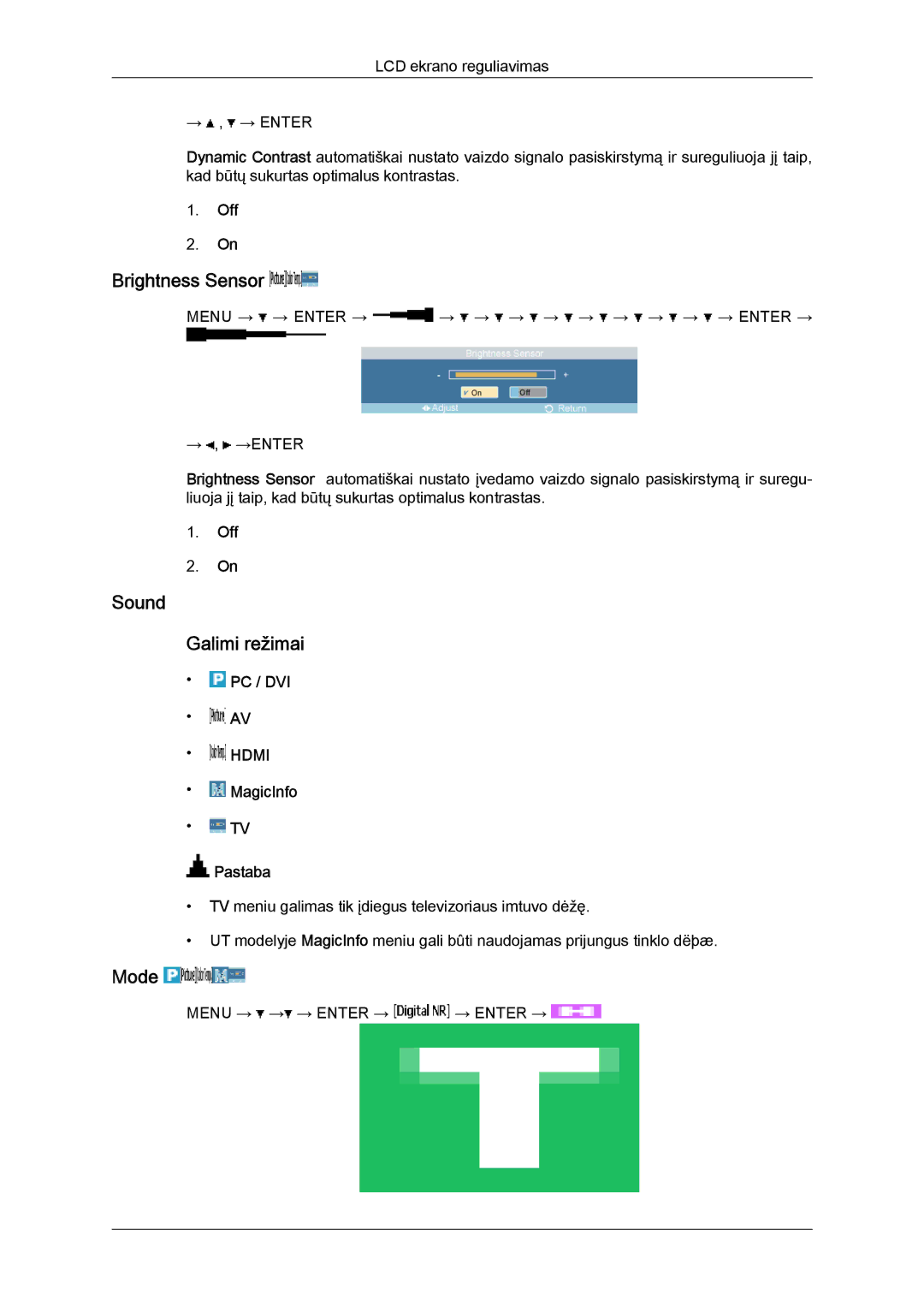 Samsung LH46MVTLBN/EN manual Brightness Sensor, Sound Galimi režimai 