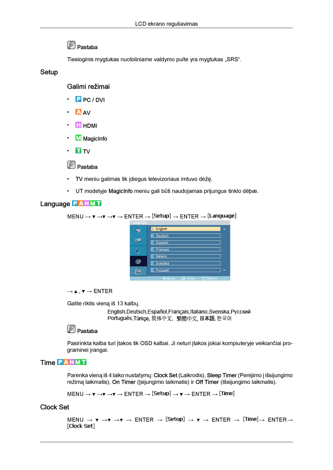 Samsung LH46MVTLBN/EN manual Setup Galimi režimai, Language, Time, Clock Set 