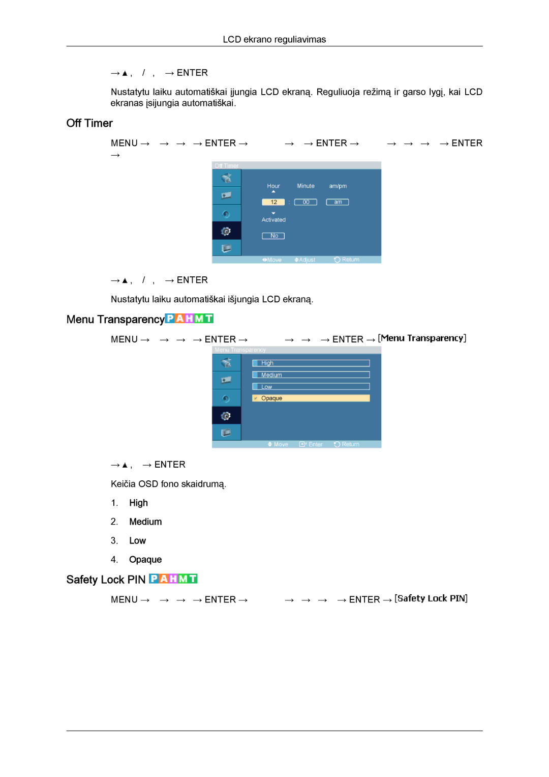 Samsung LH46MVTLBN/EN manual Off Timer, Menu Transparency, Safety Lock PIN, High Medium Low Opaque 