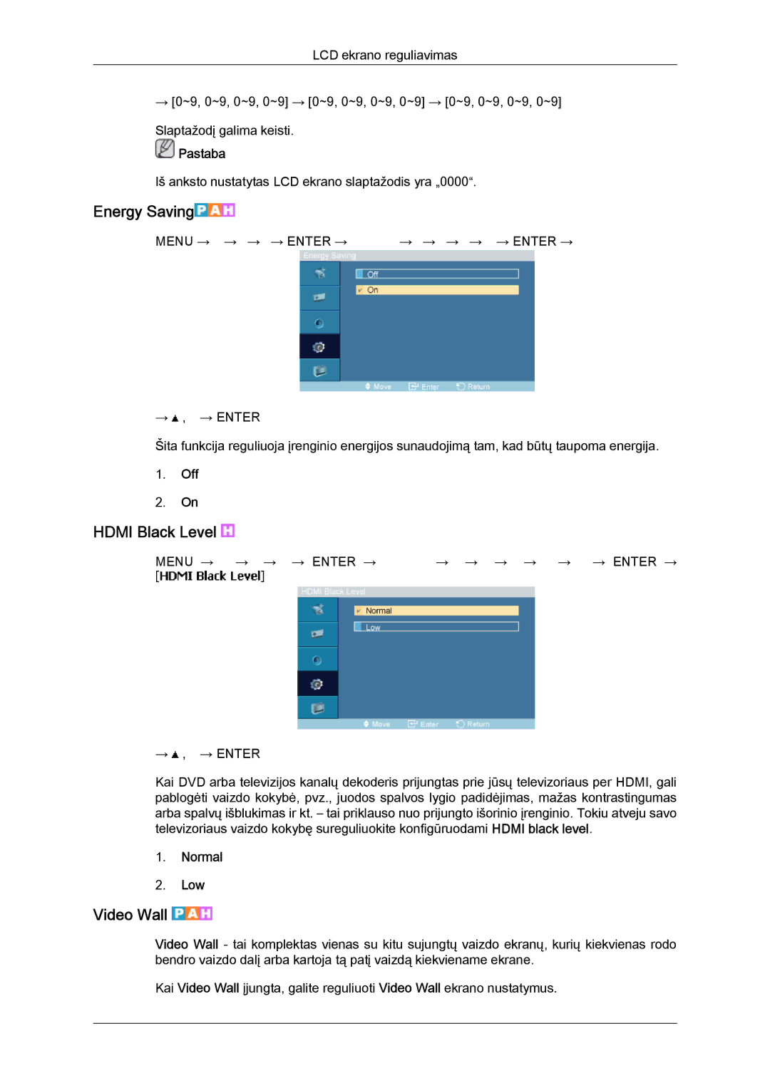 Samsung LH46MVTLBN/EN manual Energy Saving, Hdmi Black Level, Video Wall, Normal Low 