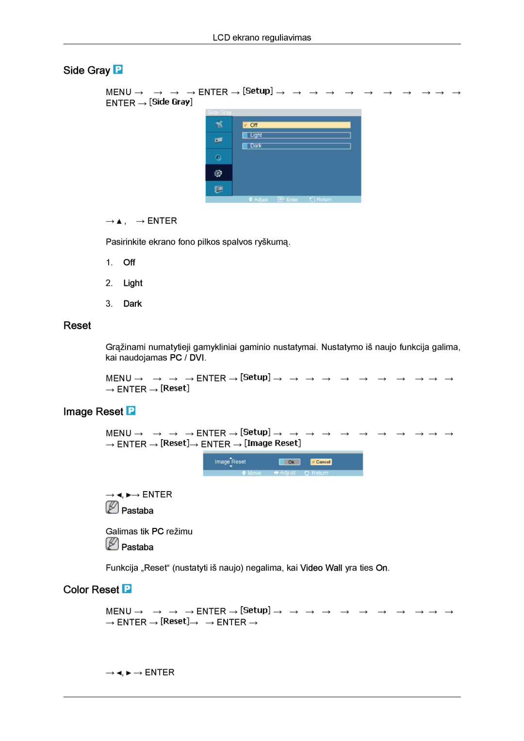 Samsung LH46MVTLBN/EN manual Side Gray, Image Reset, Color Reset, Off Light Dark 