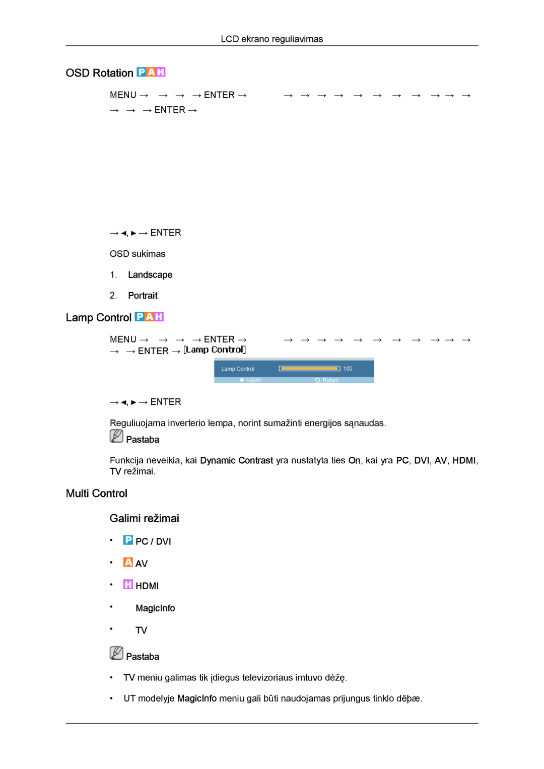 Samsung LH46MVTLBN/EN manual OSD Rotation, Lamp Control, Multi Control Galimi režimai, Landscape Portrait 