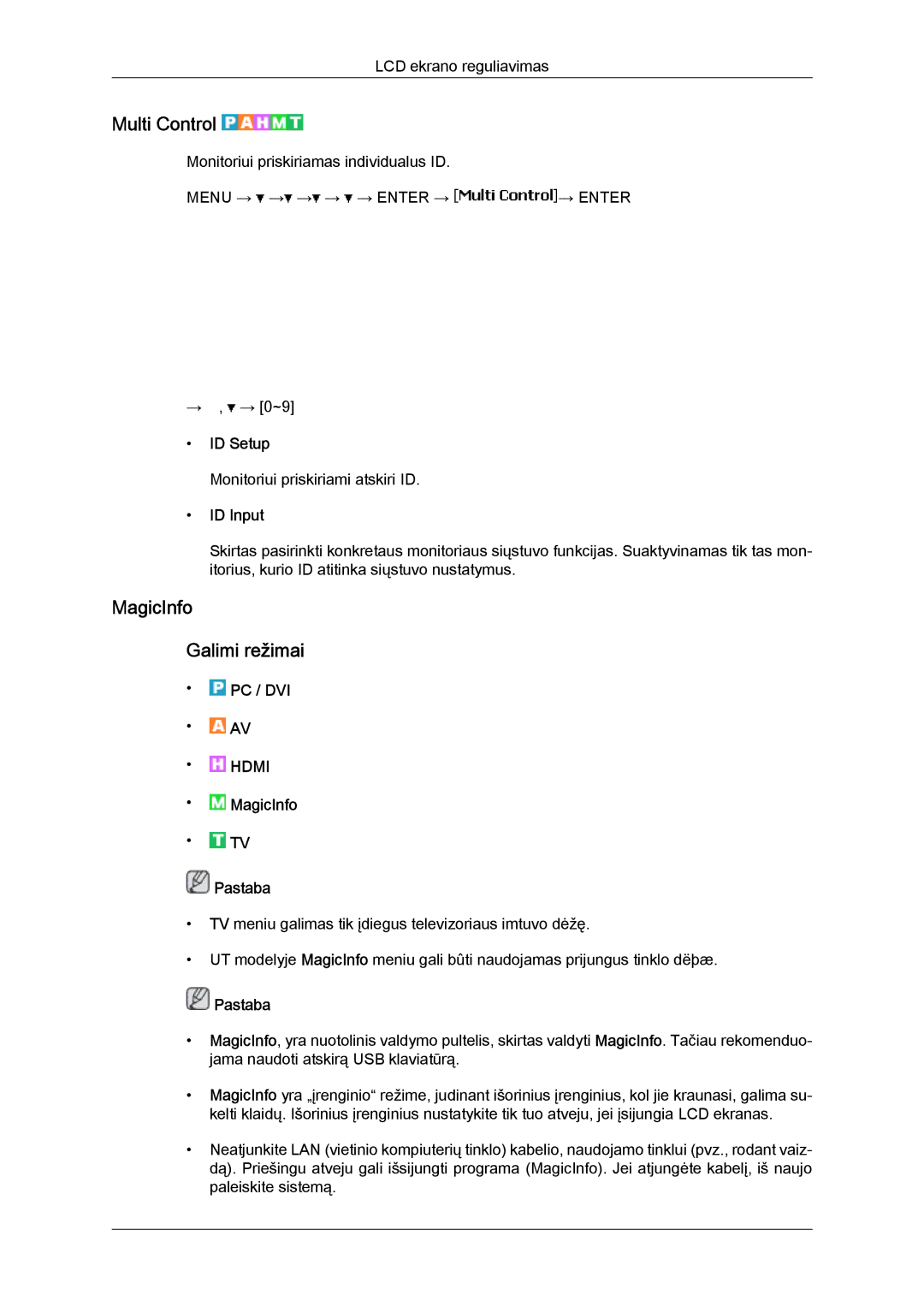 Samsung LH46MVTLBN/EN manual Multi Control, MagicInfo Galimi režimai, ID Setup, ID Input 