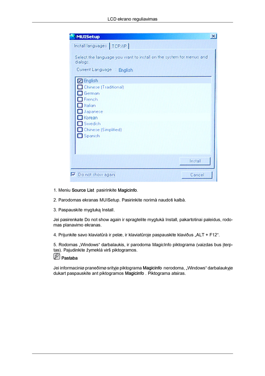 Samsung LH46MVTLBN/EN manual Meniu Source List pasirinkite Magicinfo 