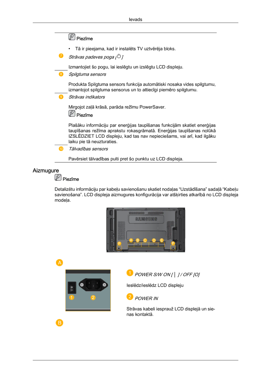 Samsung LH46MVTLBN/EN manual Aizmugure, Spilgtuma sensors 