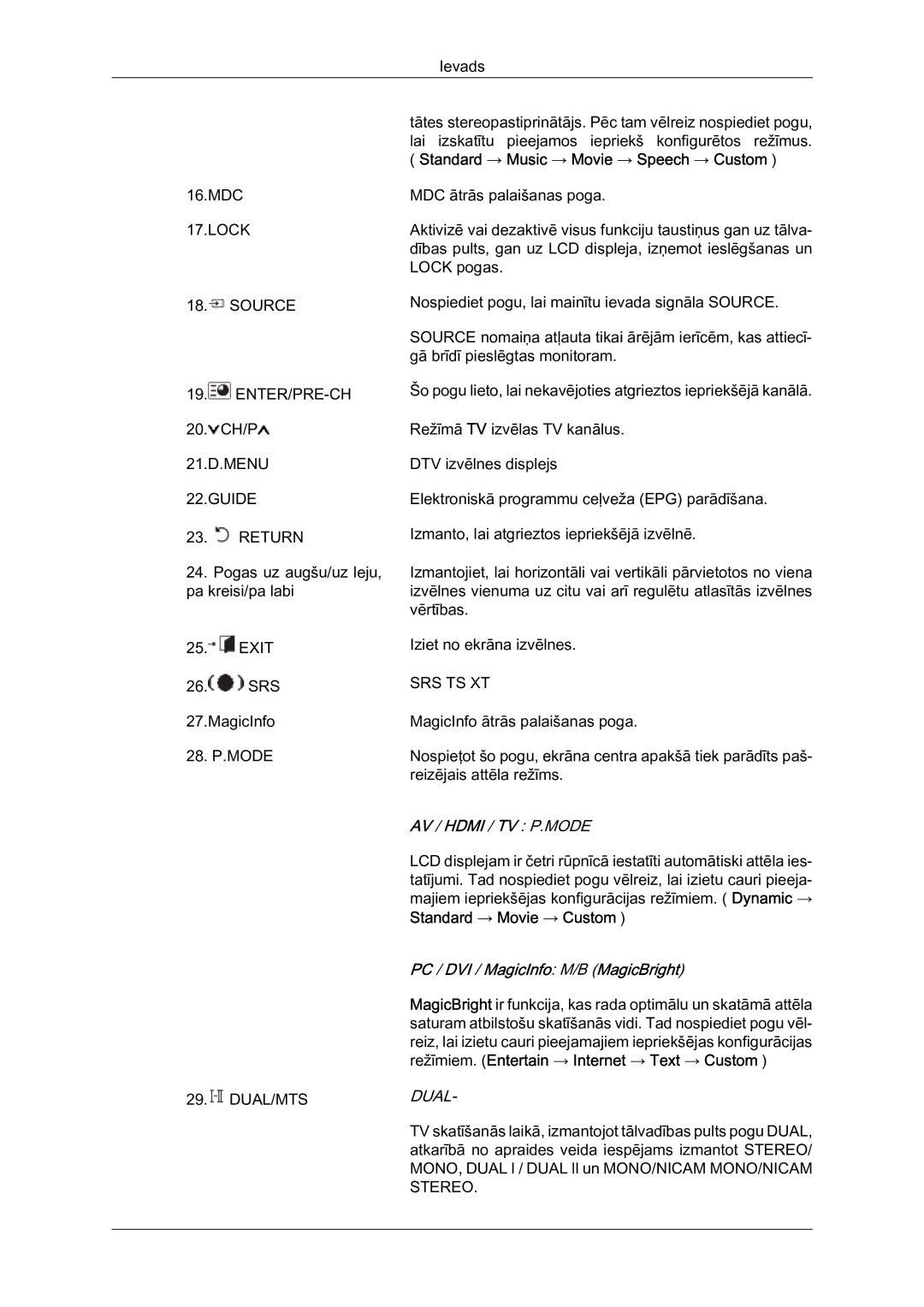 Samsung LH46MVTLBN/EN manual Standard → Music → Movie → Speech → Custom, Standard → Movie → Custom 