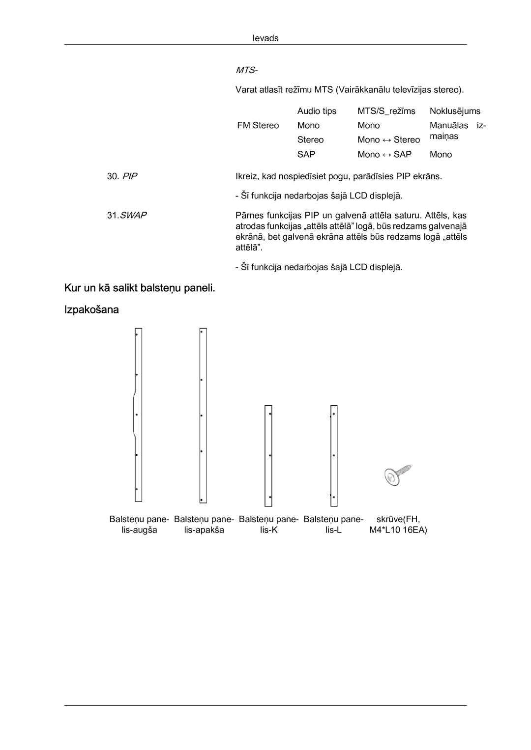 Samsung LH46MVTLBN/EN manual Kur un kā salikt balsteņu paneli Izpakošana, Mts 