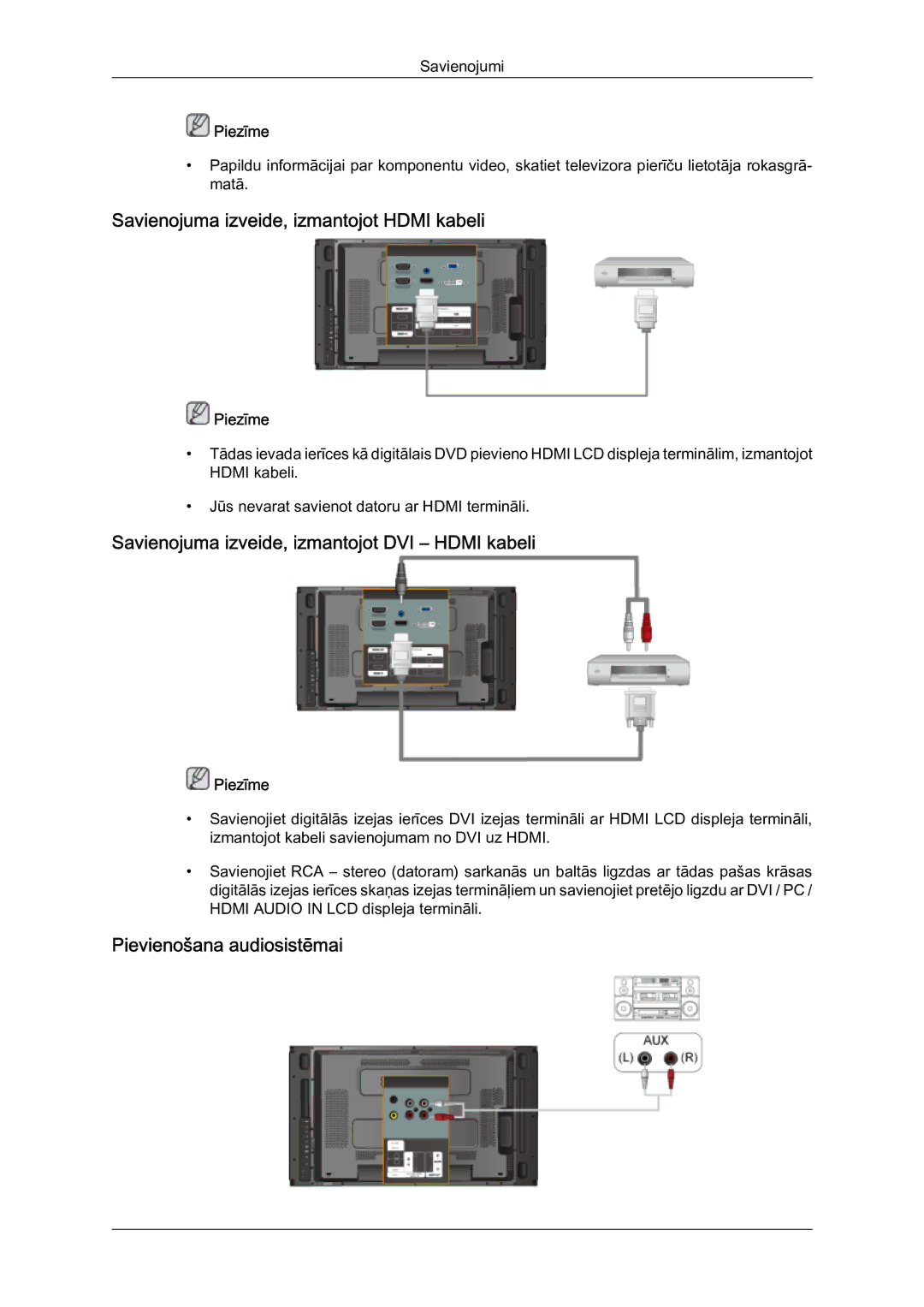 Samsung LH46MVTLBN/EN manual Savienojuma izveide, izmantojot Hdmi kabeli, Savienojuma izveide, izmantojot DVI Hdmi kabeli 