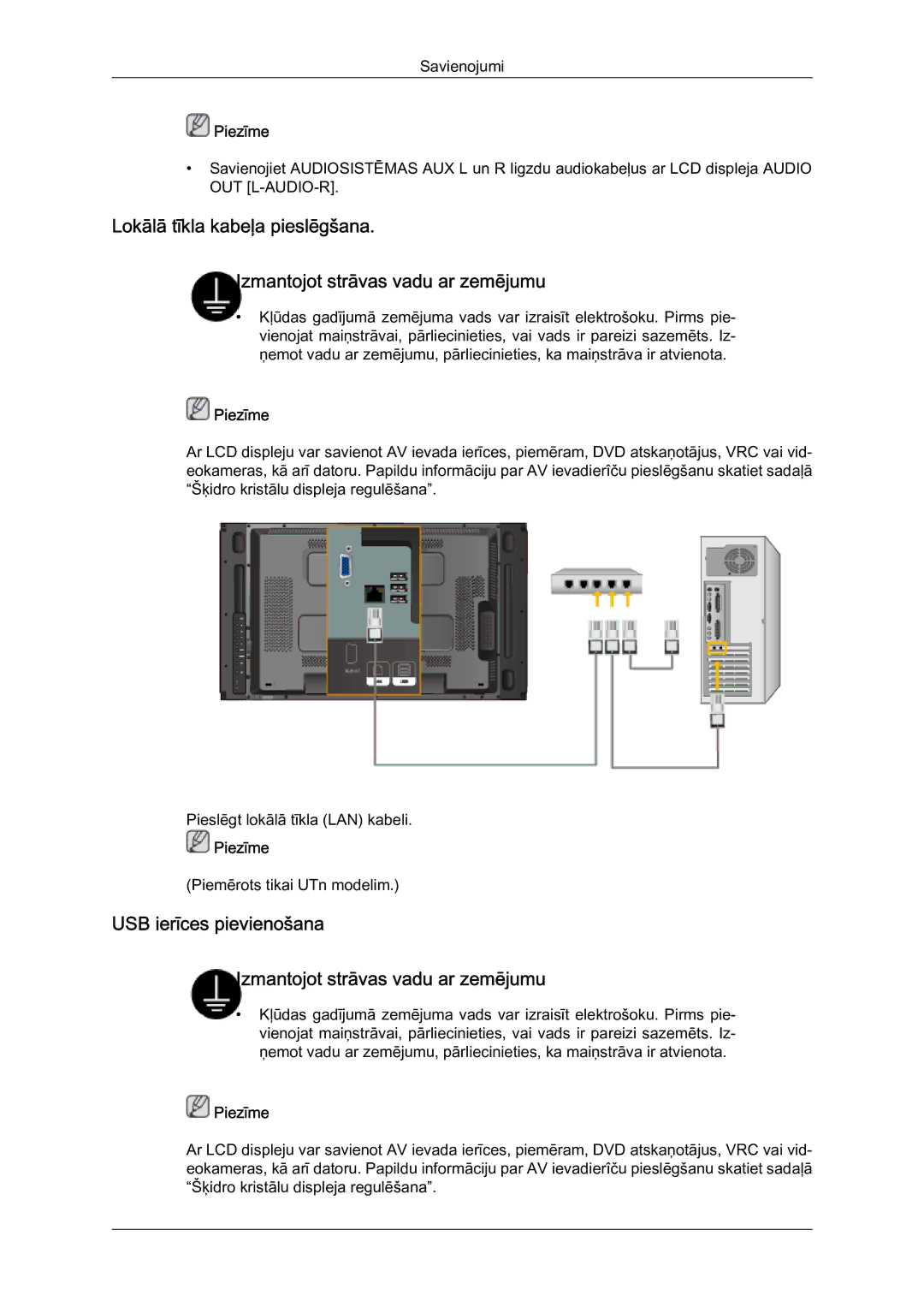 Samsung LH46MVTLBN/EN manual USB ierīces pievienošana Izmantojot strāvas vadu ar zemējumu 