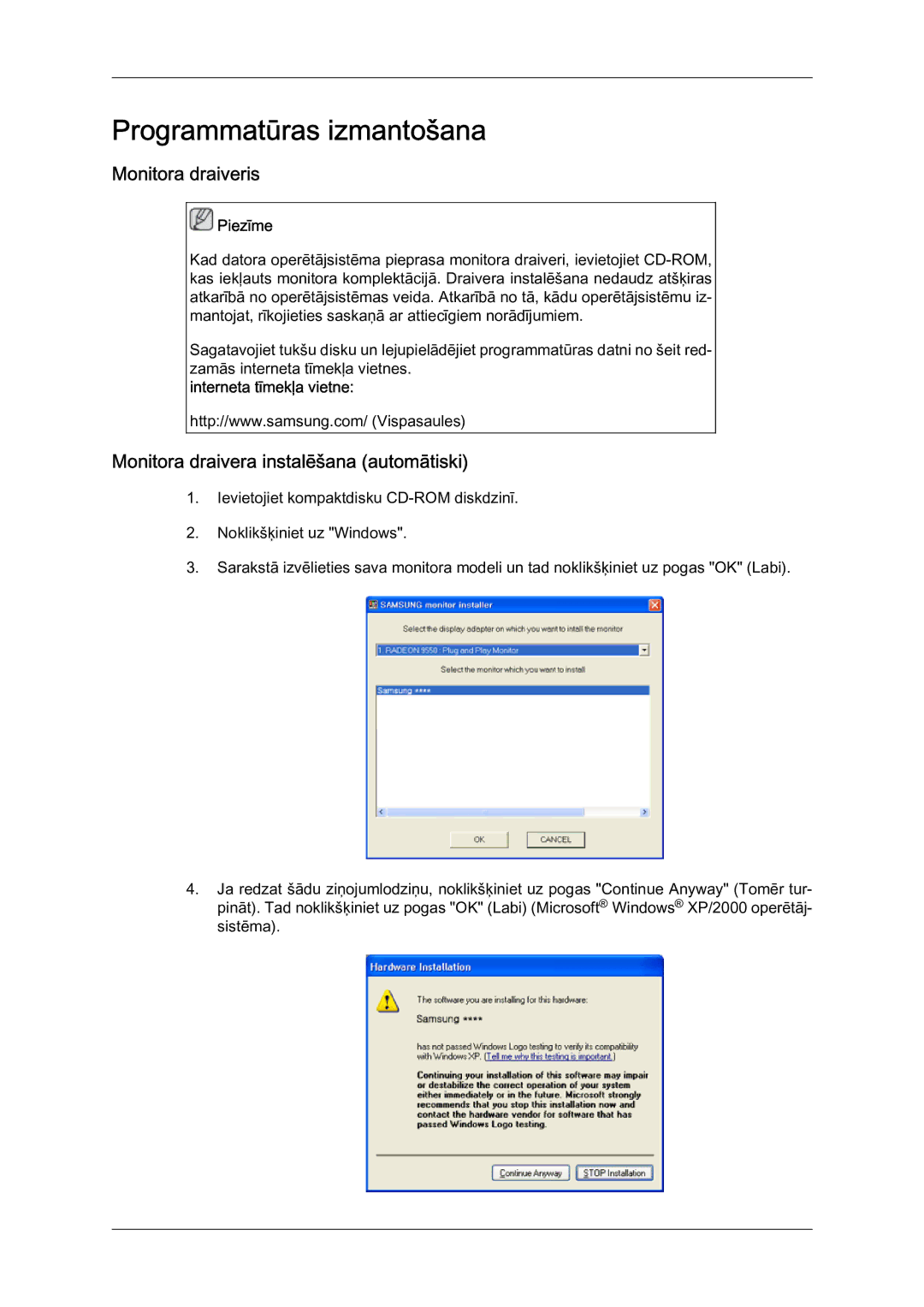 Samsung LH46MVTLBN/EN manual Monitora draiveris, Monitora draivera instalēšana automātiski, Interneta tīmekļa vietne 