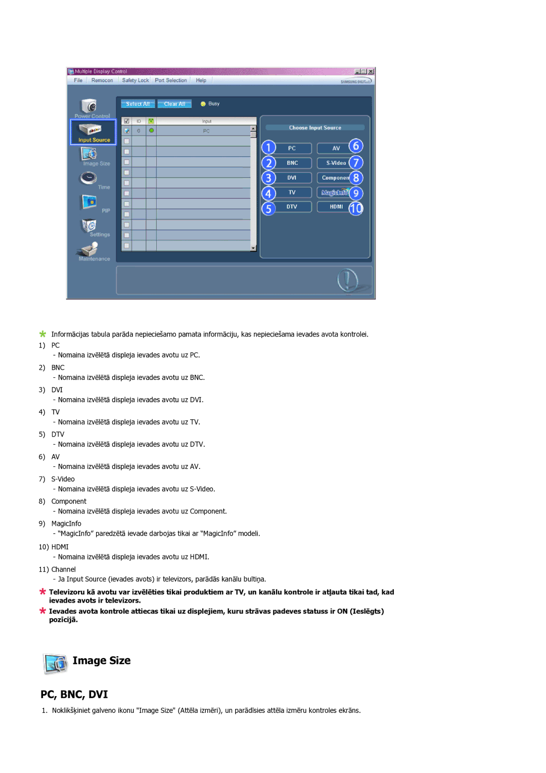 Samsung LH46MVTLBN/EN manual Image Size, Pc, Bnc, Dvi 